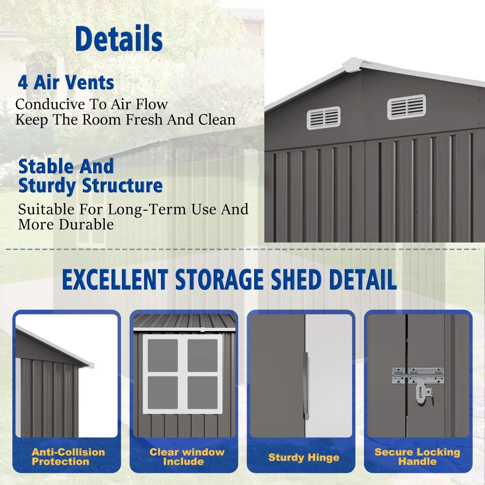 2026 New 10 x 8 FT Outdoor Storage Shed, Large Metal Storage Shed, Lockable Door and Air Vent, Clear Window Garden Tool Shed for Bicycles, Tools, Lawnmowers, Backyards, Patios, Lawns - Gray - Image 6