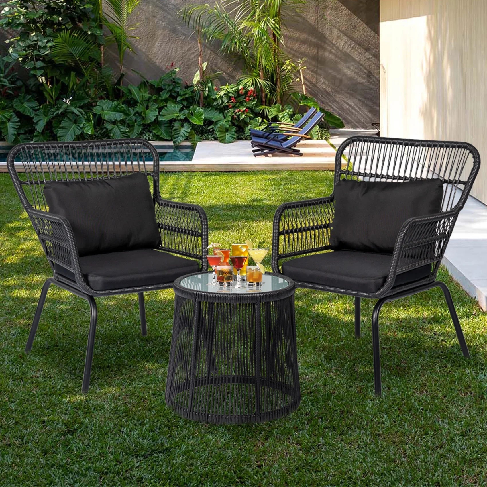 2026 New Tappio 3-Piece Patio Conversation Bistro Set Rattan Furniture, Outdoor Patio Set w/Glass Top Table & Cushions for Garden Balcony Backyard Poolside, Yellow/Beige - Image 20
