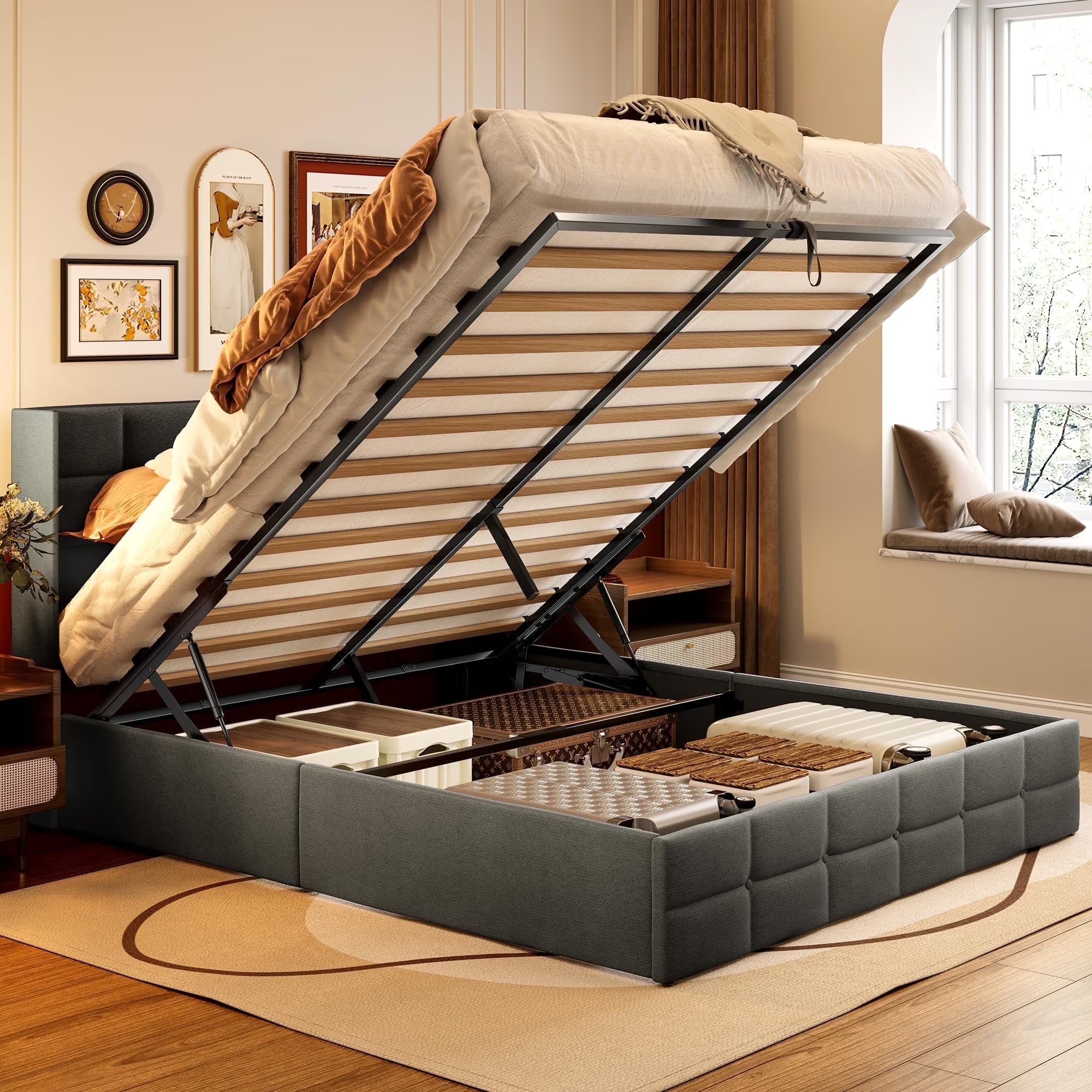 2026 New Lofka Lift Up Storage Bed Full Size, Modern Wingback Headboard, No Box Spring Needed, Hydraulic Storage, Dark Grey