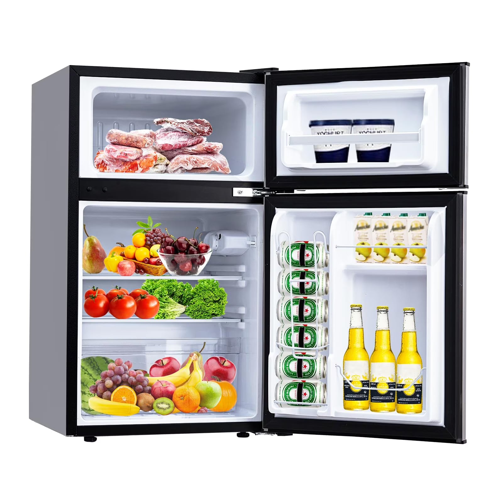 2026 New 3.2 Cu. Ft Mini Fridge with Freezer, Small Refrigerators Double Door Stainless Steel, 5 Adjustable Thermostat Settings, Compact Internal Freezer with Crisper Drawer for Apartment Dorm, Silver