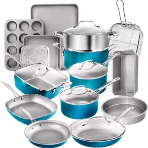 2026 New Gotham Steel Nonstick Pots and Pans 20 Piece Kitchen Ceramic Cookware Set Bakeware Cooking Frying Skillet Sauce Pan Aqua Blue