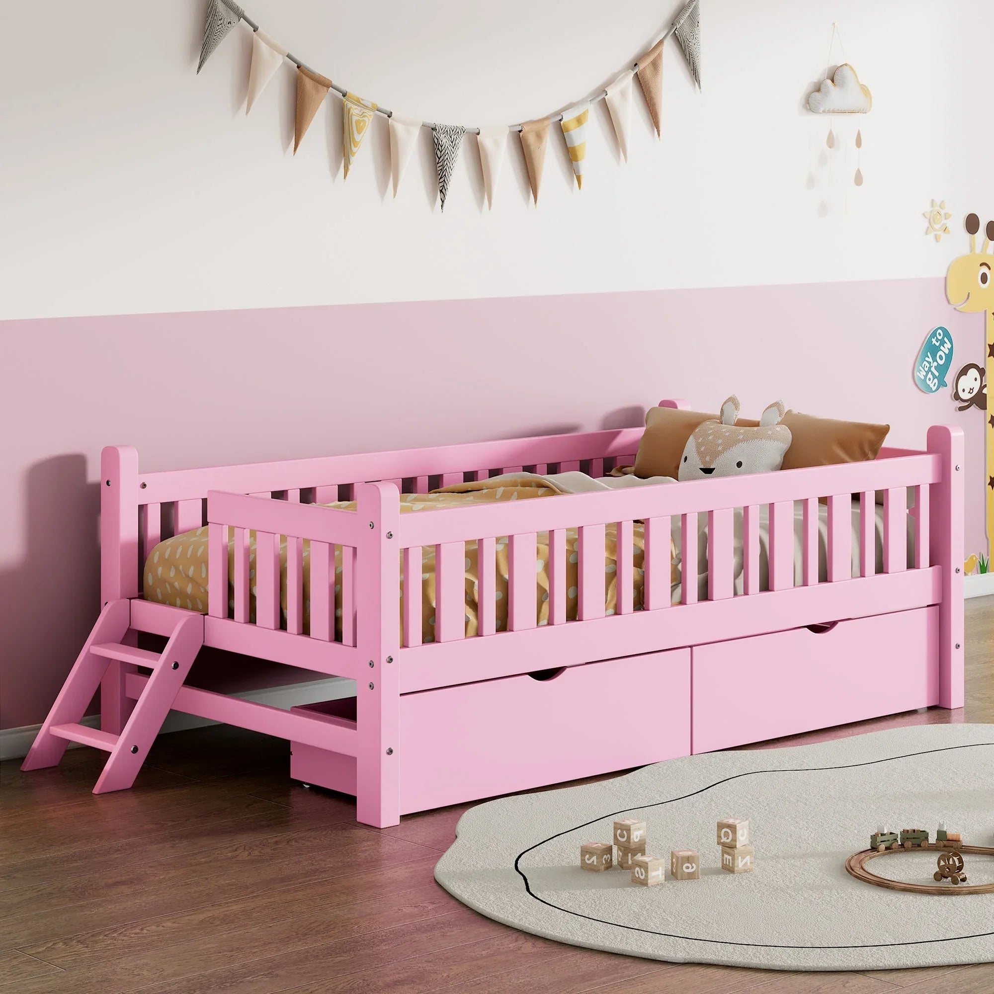2026 New Euroco Wood Twin Size Platform Bed with 2 Drawers and Ladder for Kids and Toddlers, White - Image 14