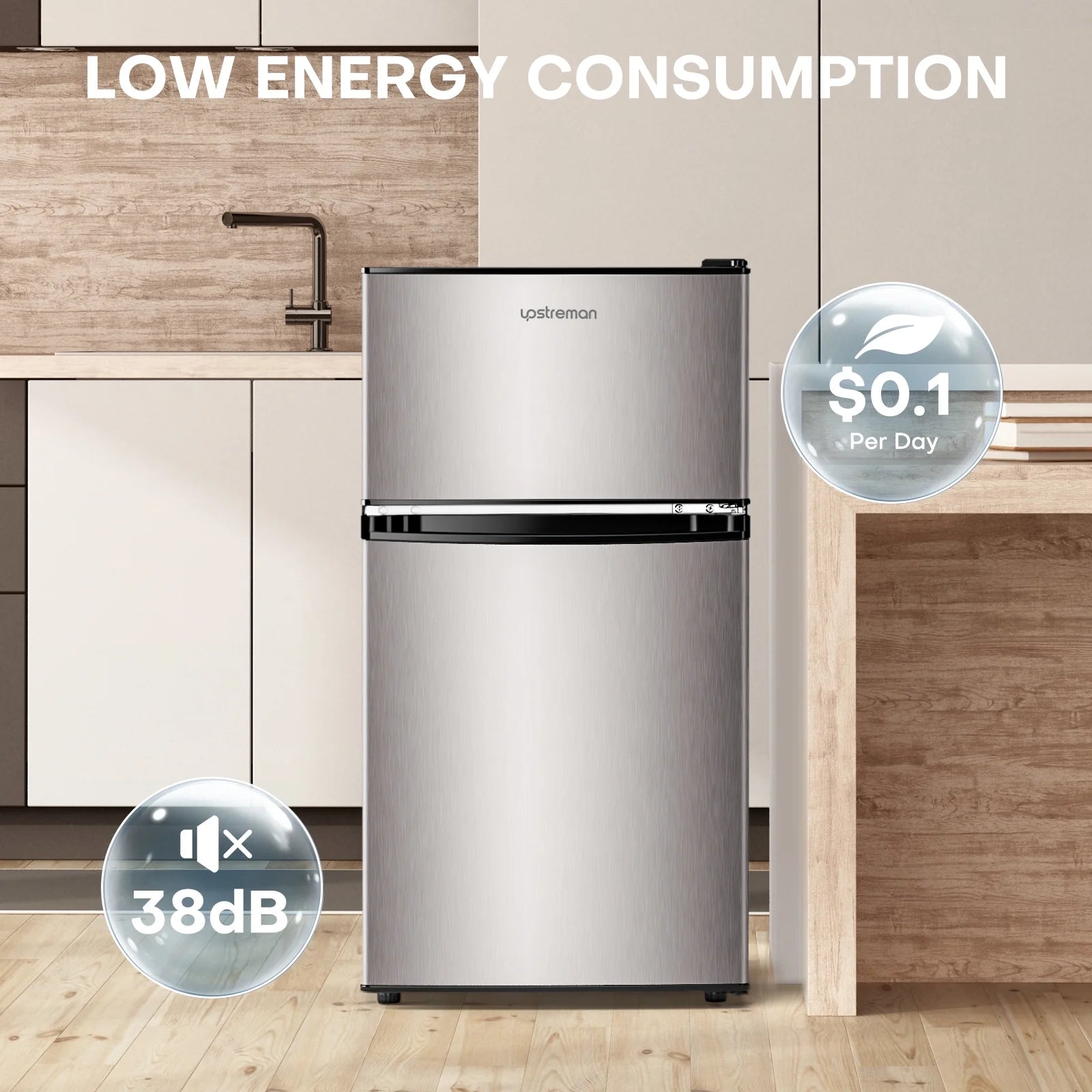 2026 New Upstreman 3.2 Cu.Ft Mini Fridge with Top Freezer, 2 Door Small Compact Refrigerator, Energy Saving, Adjustable Thermostat, Adjustable Legs, for Apartment Office Dorm Bedroom Garage RV, BD321 Black - Image 8