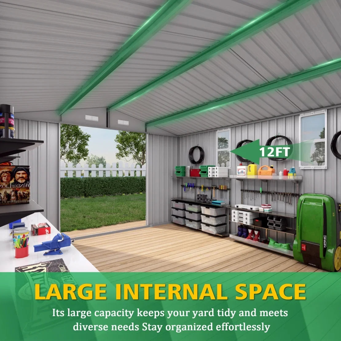 2026 New 10 x 8 FT Outdoor Storage Shed, Large Metal Storage Shed, Lockable Door and Air Vent, Clear Window Garden Tool Shed for Bicycles, Tools, Lawnmowers, Backyards, Patios, Lawns - Gray - Image 14