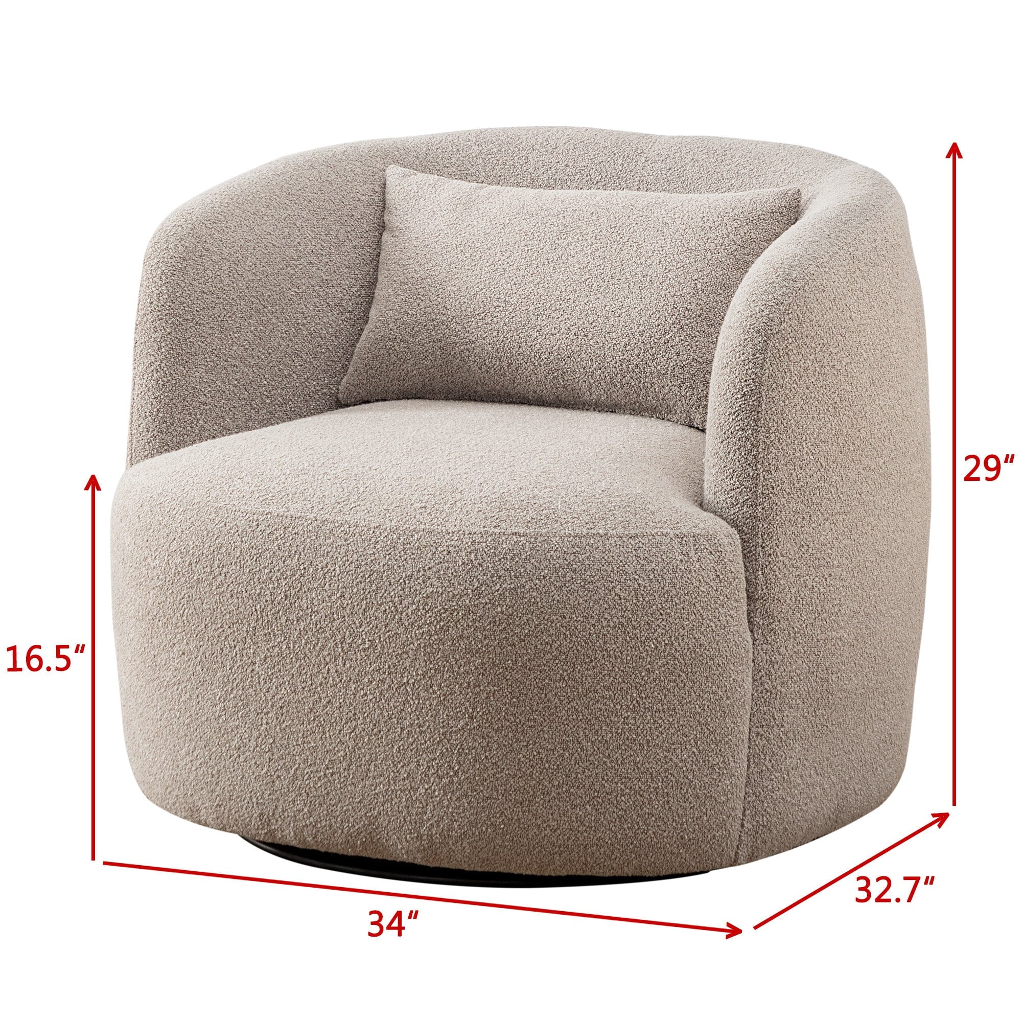 2026 New 34" Wide Boucle Swivel Barrel Chair, No Assembly Round Upholstered Armchair Accent Chair Single Sofa Chair with Toss Pillow for Living Room and Bedroom, Taupe - Image 9