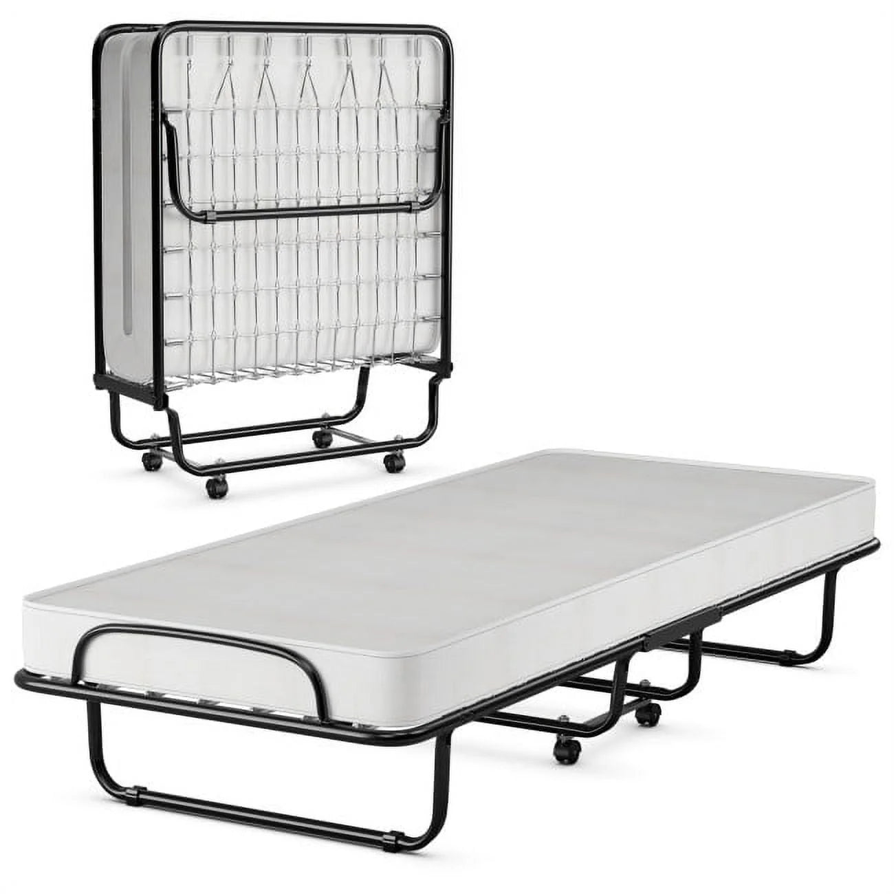 2026 New 75" x 31" x 13" Folding Bed with Mattress, Rollaway Bed Metal Frame on Wheels, Portable Foldable Guest Bed for Adults, Cot Size Fold up Bed with Memory Foam Mattress