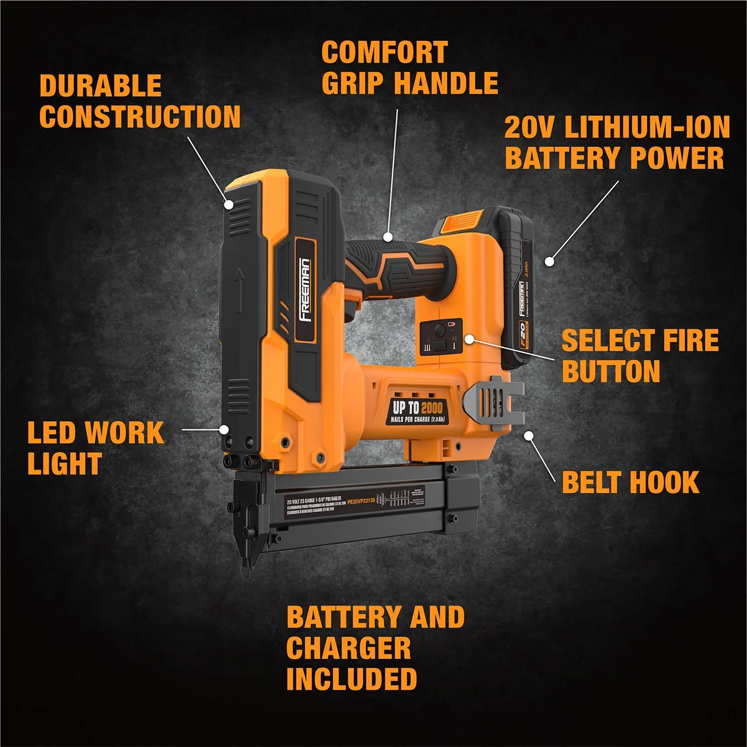 2026 New Freeman PE20VP23138 20 Volt Cordless 23-Gauge 1-3/8" Pin Nailer Kit with Lithium Ion Battery, Charger, Bag, and Nails (1000 Count) -C 2000 Shots per Charge - Image 8