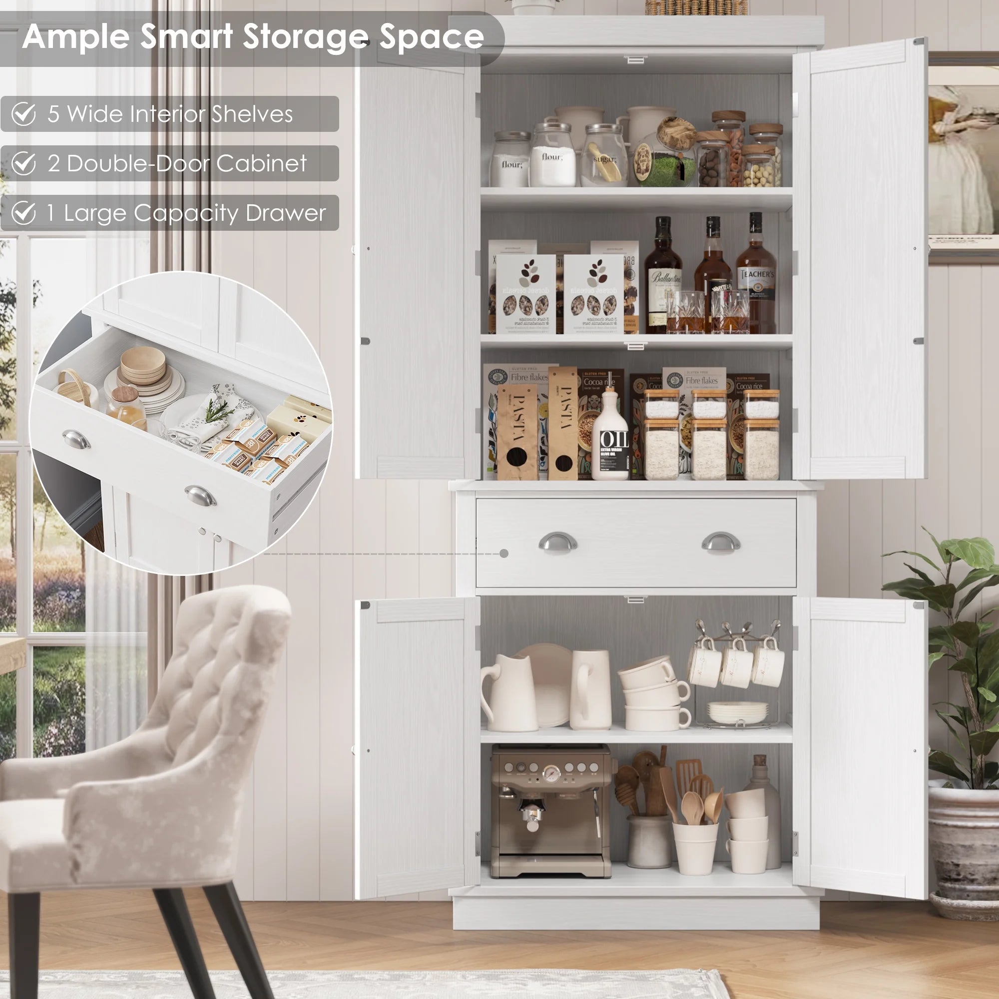 2026 New Homfa 72.4'' Tall Kitchen Pantry with 4 Doors, Large Drawer Shelves Wood Pantry Storage Cabinet for Dining Room Living Room, White - Image 8