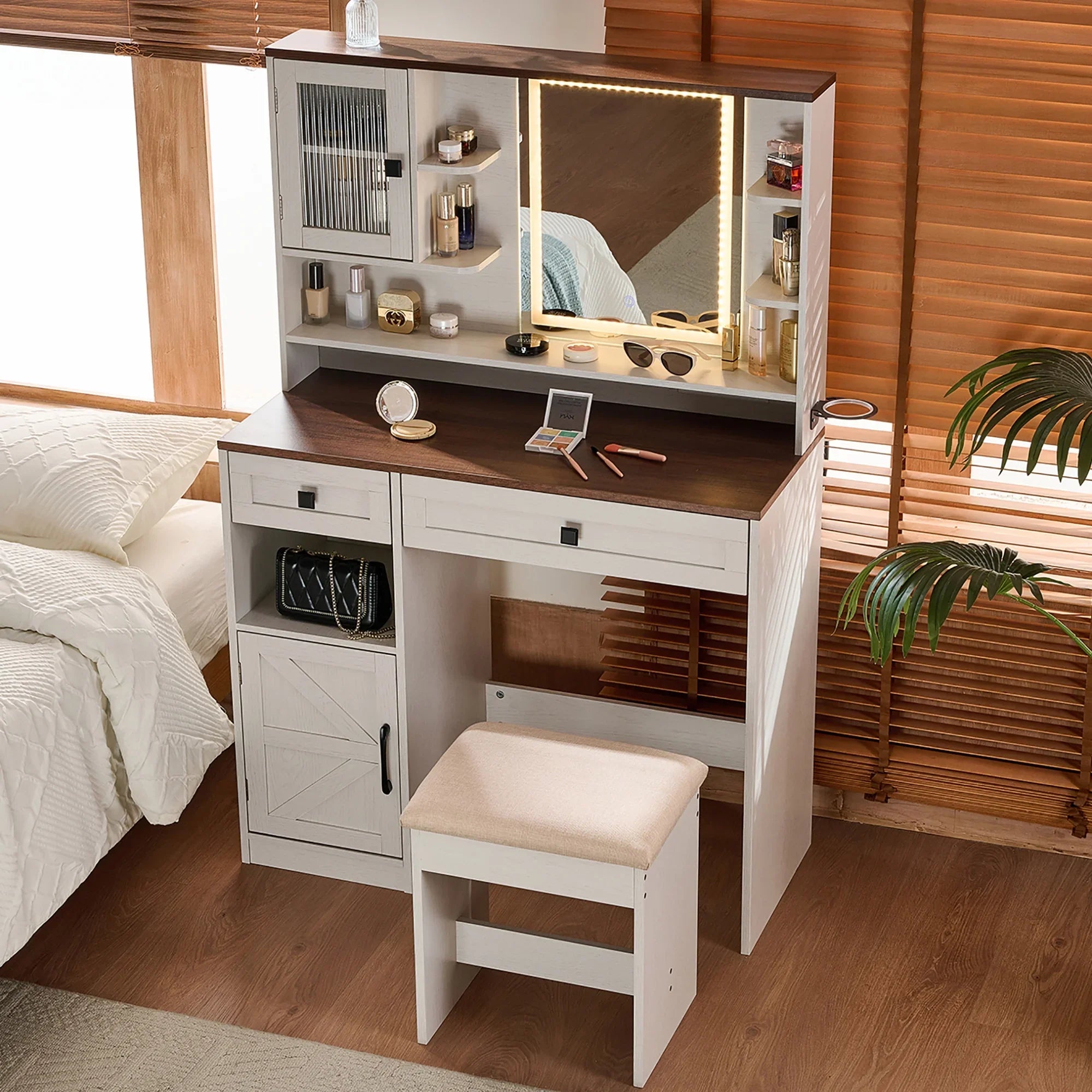 2026 New Farmhouse Makeup Vanity Desk with Mirror and Lights,Dressing Table Set with Charging Station and Stool,Drawers,Shelves and Side Cabinet,White - Image 10