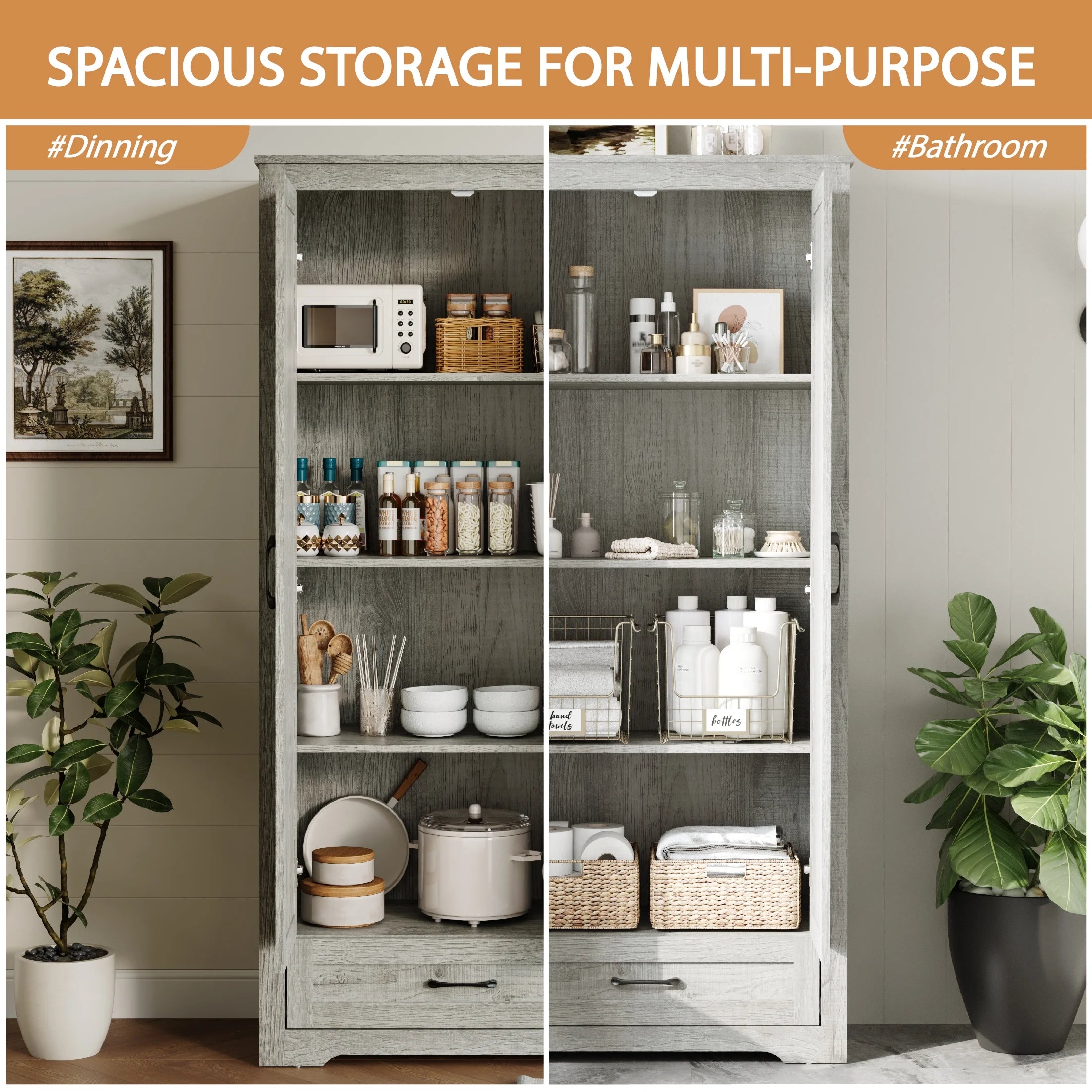 2026 New YouTrend 69" Tall Kitchen Pantry,Farmhouse Storage Cabinet with 2 Barn Doors 4 Adjustable Shelves and Large Drawer for Dining Room,Living Room,Bathroom,White - Image 13