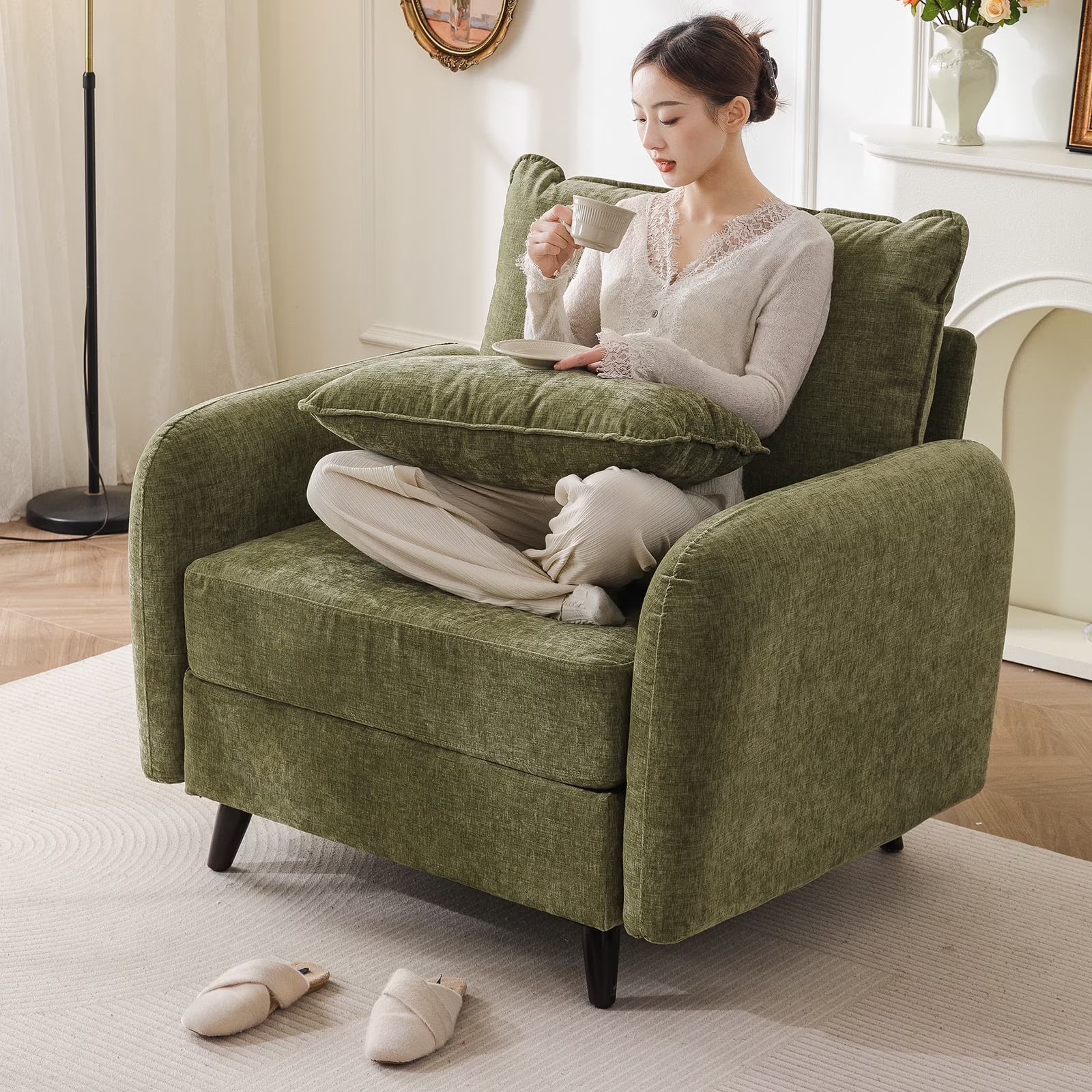 2026 New Rexulqo Oversized Accent Chair with All Seats Storage,Comfy Living Room Chairs with 2 Throw Pillow,Upholstered Mid-Century Armchair,24.5'' Deep Seat,Reading Chair For Bedroom,Office,Chenille,Green