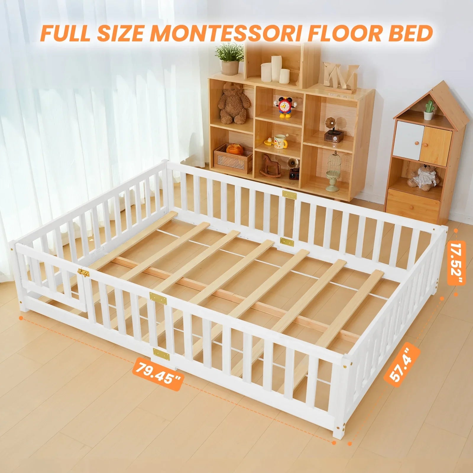 2026 New Slsy Twin Size Toddler Floor Bed, Solid Wood Montessori Bed Frame with Fence & Door Montessori Floor Bed Crib with Safety Guardrails for Girls and Boys - Image 12