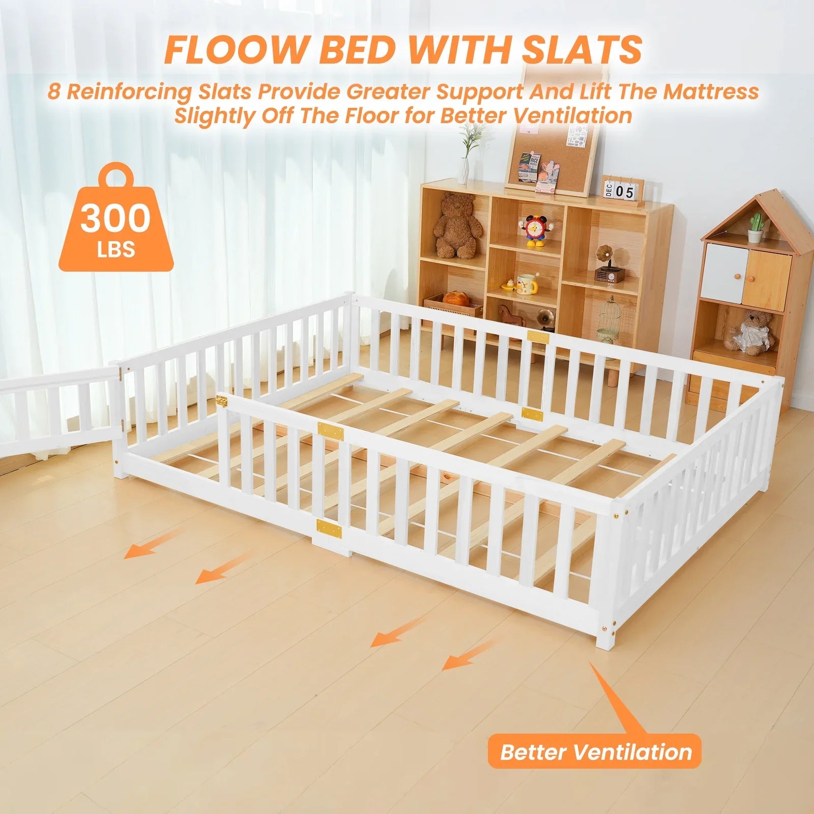 2026 New Slsy Twin Size Toddler Floor Bed, Solid Wood Montessori Bed Frame with Fence & Door Montessori Floor Bed Crib with Safety Guardrails for Girls and Boys - Image 13