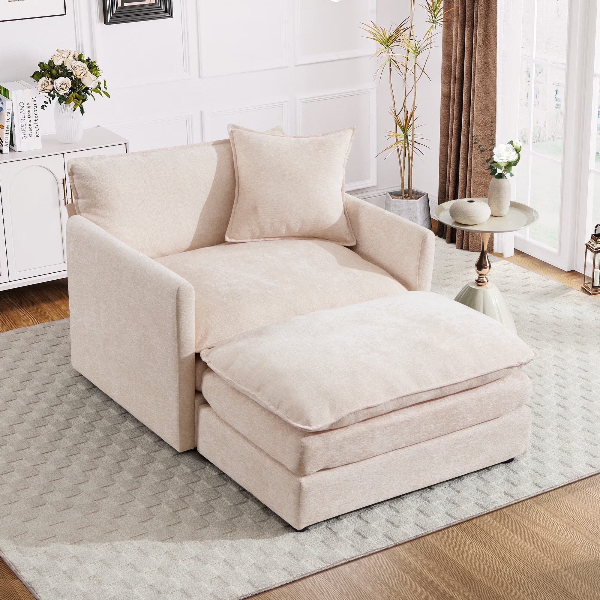 2026 New Muumblus Oversized Lounge Chair with Ottoman, Cloud Accent Armchair for Living Room, Beige Chenille