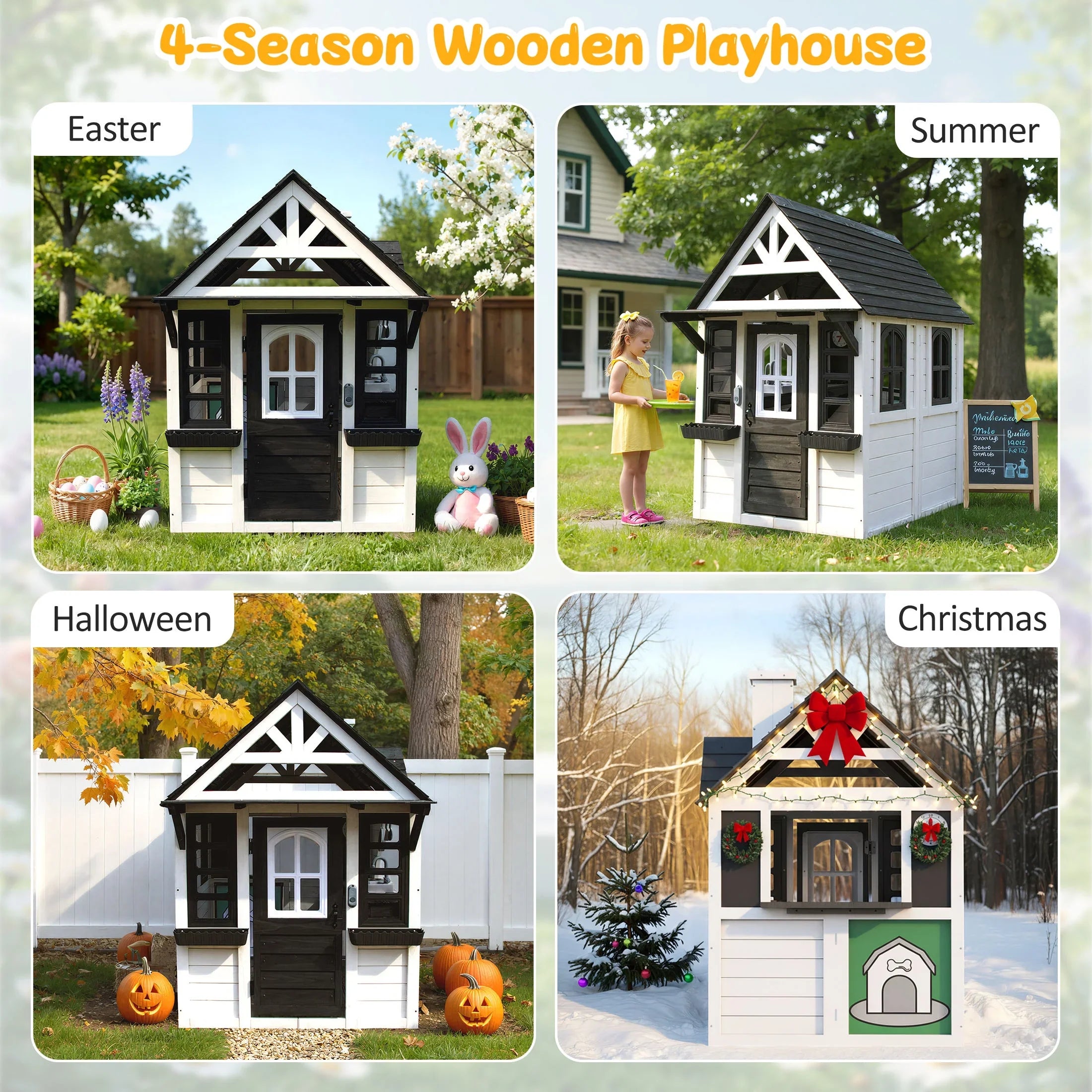2026 New COCLUB Outdoor Playhouse for Kids Ages 4-8, Wooden Play House with Doorbell, Phone, Kitchen Toys, Outdoor Kids Play Equipment, Casa Para Niñas (45”L x 65”H), White & Black - Image 10