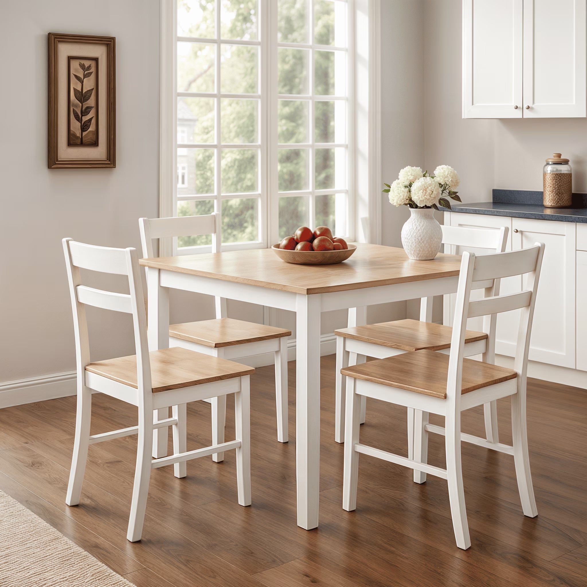 2026 New Mainstays 5-Piece Dining Set, 1 Table and 4 Chairs, White, MDF and Rubberwood, Indoor, 46" L x 29" W x 30" H Table