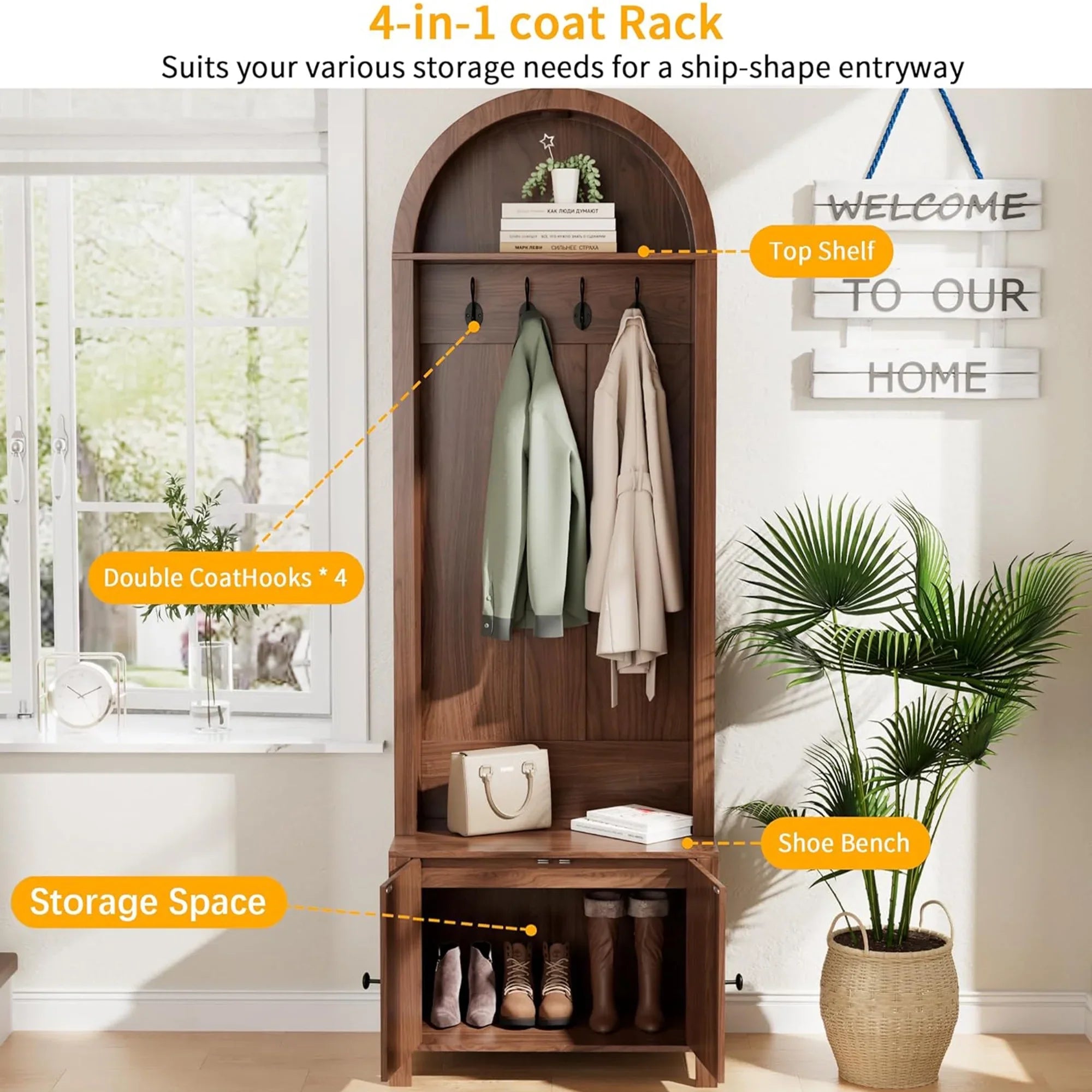 2026 New LUCKYELF Hall Tree with Shoe Storage, Entryway Bench with 4 Hooks and 2 Doors, Arch Coat Rack Cabinet for Hallway - Image 3