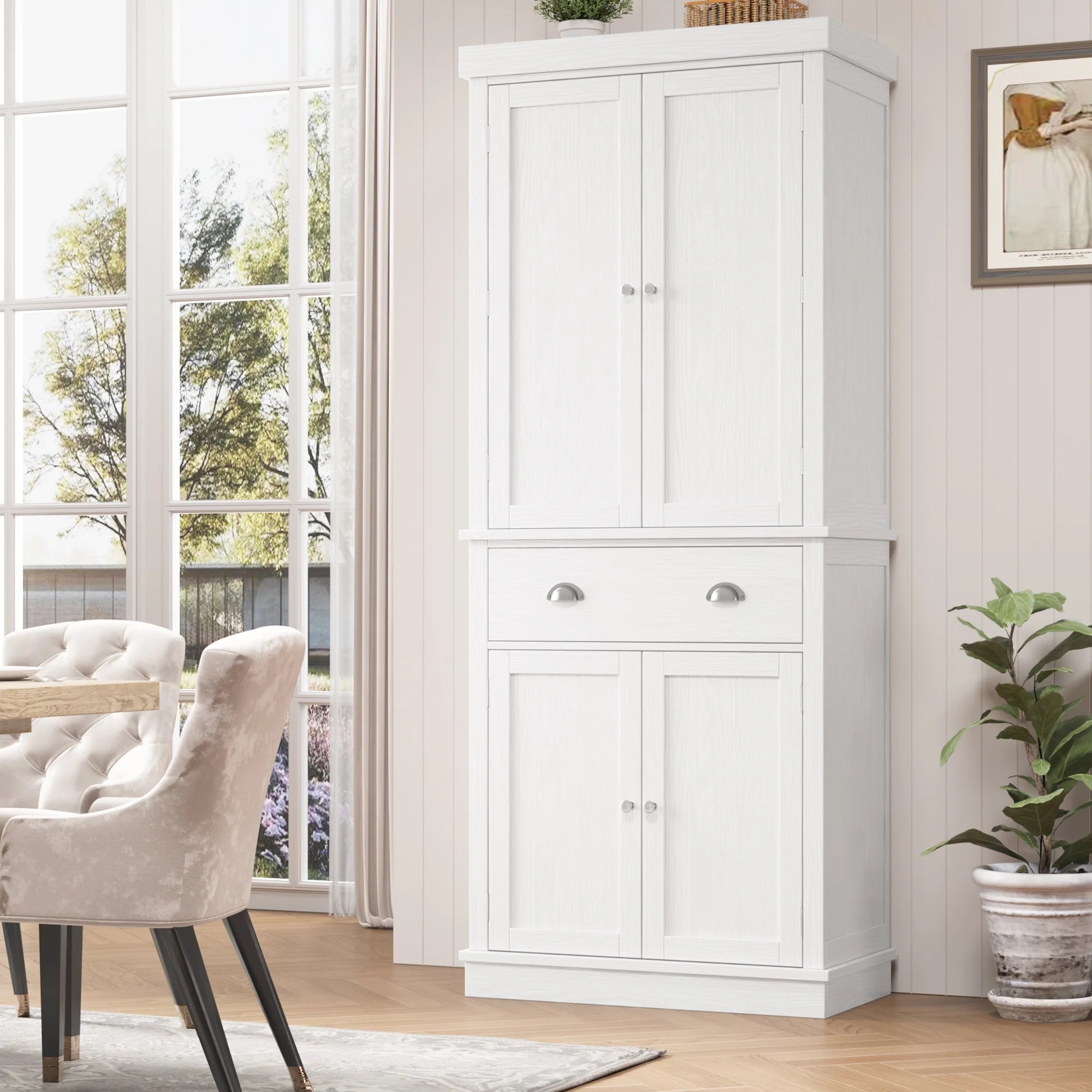 2026 New Homfa 72.4'' Tall Kitchen Pantry with 4 Doors, Large Drawer Shelves Wood Pantry Storage Cabinet for Dining Room Living Room, White - Image 6