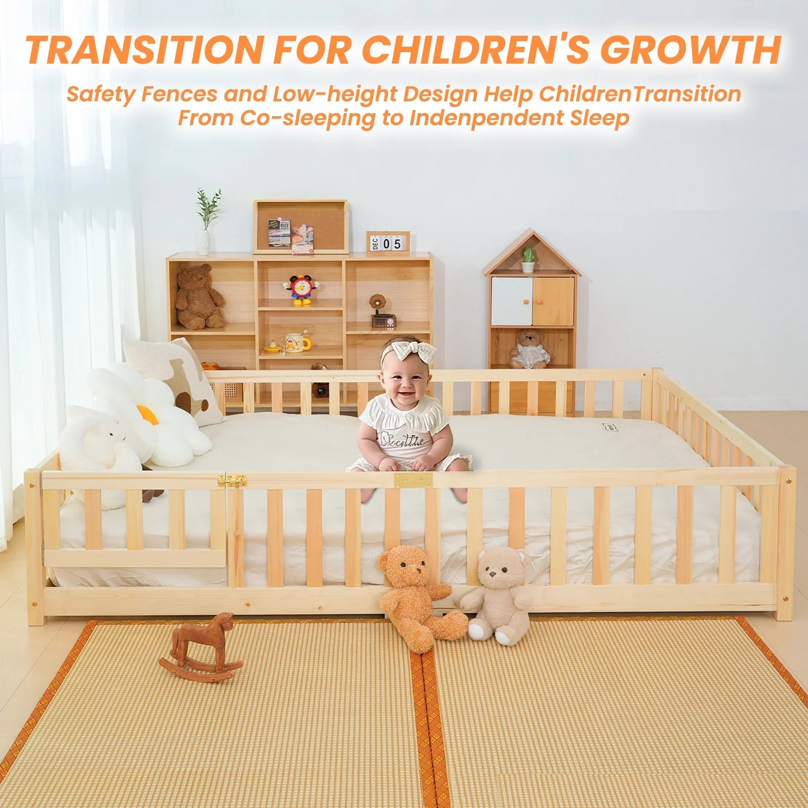 2026 New Slsy Twin Size Toddler Floor Bed, Solid Wood Montessori Bed Frame with Fence & Door Montessori Floor Bed Crib with Safety Guardrails for Girls and Boys - Image 21