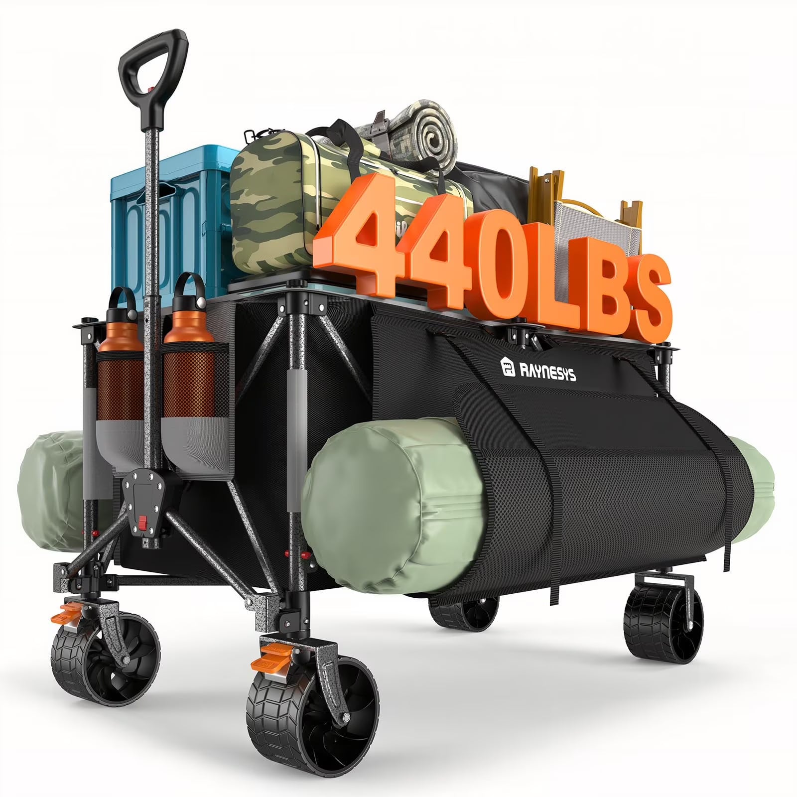 2026 New Raynesys 300L Foldable Wagon Cart with Wheels, 440lbs Heavy Duty Beach Wagon for Sand Sports Camping Grocery, Black & Gray