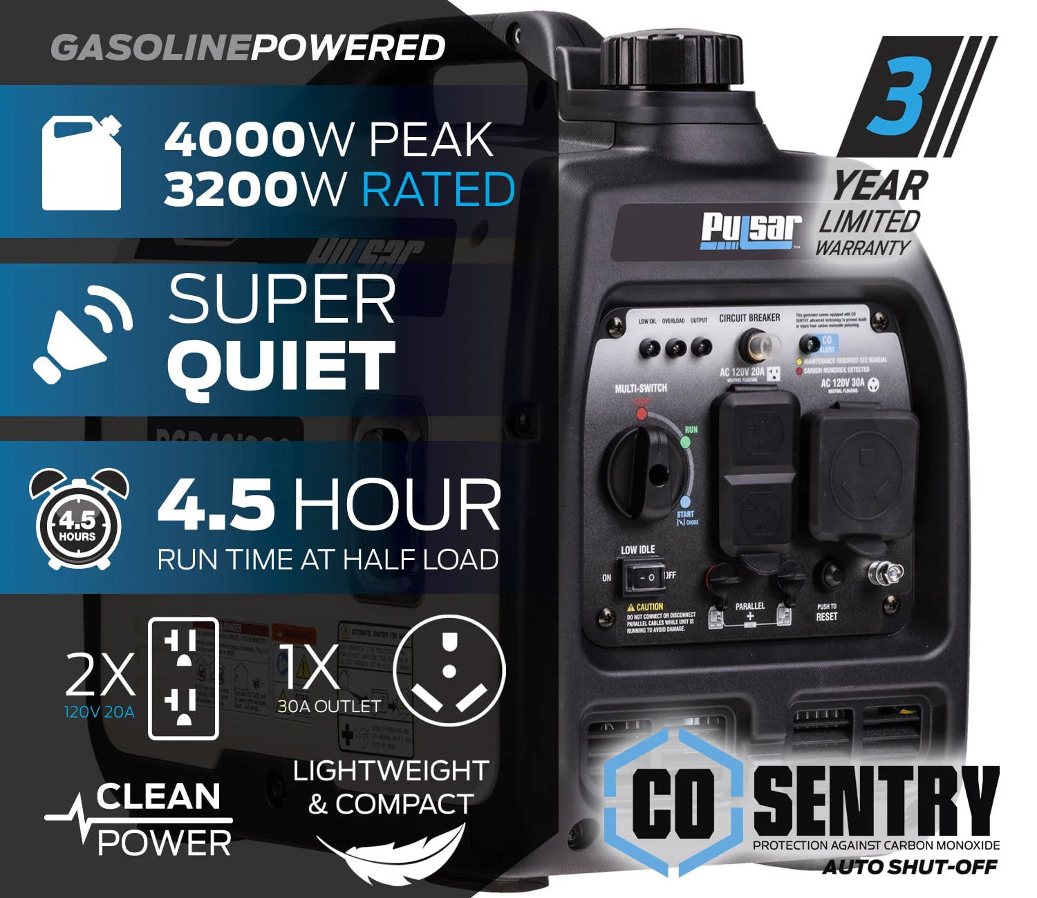 2026 New Pulsar 4000-Watt Super Quiet Gas Powered Inverter Generator with CO Sentry - Image 2