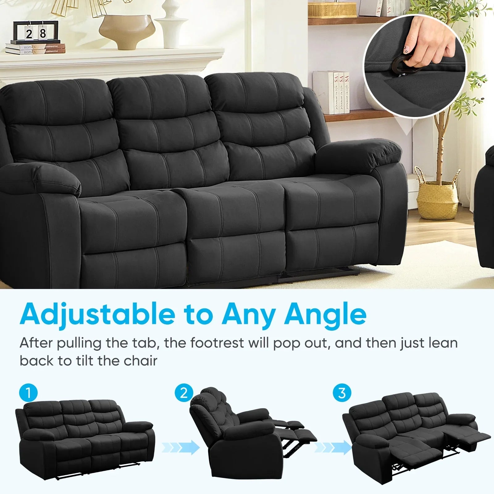 2026 New MUZZ Modern Reclining Sofa,3-Seater Recliner Sofa with Cup Holders, Flip-Up Storage, Reversible Backrest and Footrest, Gray - Image 7