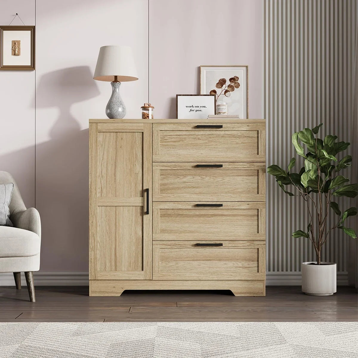2026 New Ataucjin Wood Armoire Wardrobe Closet with 4 Drawers and Door, 43.3" H Bedroom Wardrobe Cabinet with Hanging Rod, Clothing Storage Cabinets, 4 Drawers Dresser with Storage Closet - Image 5