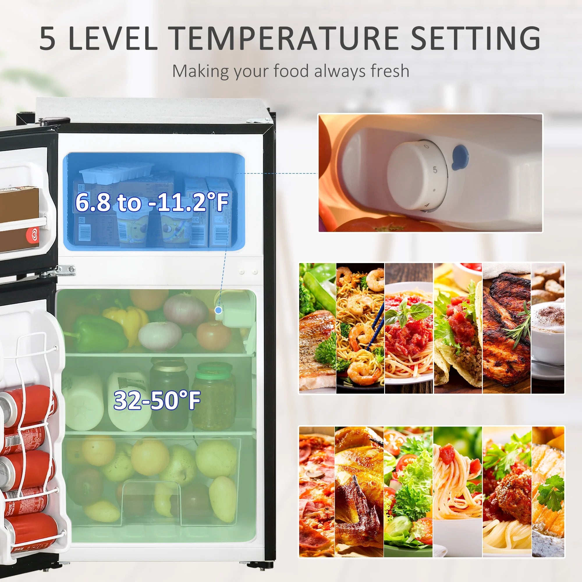 2026 New Homiyad 3.2 Cu.Ft Mini Fridge with Freezer, Double Door Compact Refrigerator with Adjustable Thermostat, Shelf and Reversible Door for Bedroom, Dorm, Home Office, Energy Efficient, Black - Image 8