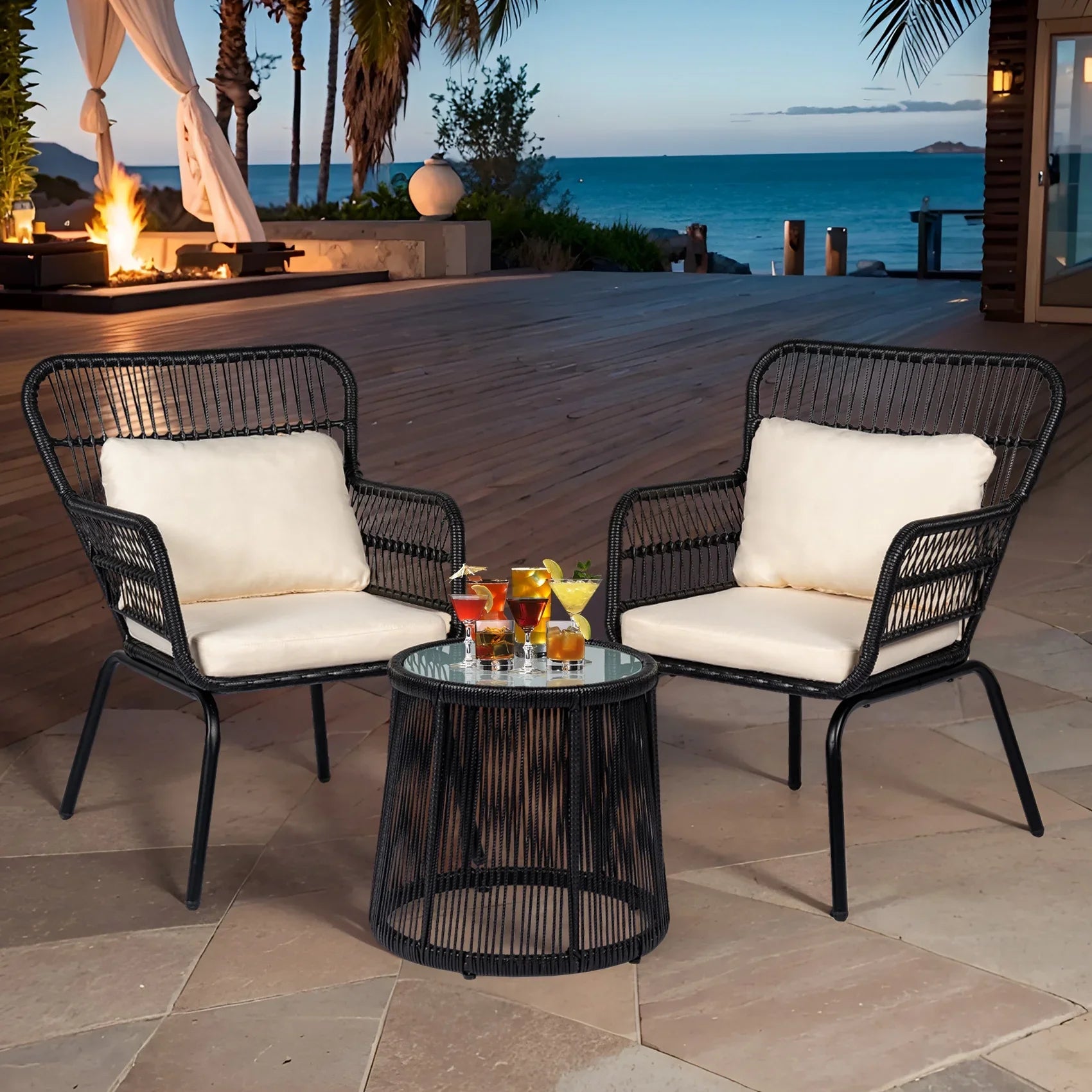 2026 New Tappio 3-Piece Patio Conversation Bistro Set Rattan Furniture, Outdoor Patio Set w/Glass Top Table & Cushions for Garden Balcony Backyard Poolside, Yellow/Beige - Image 26