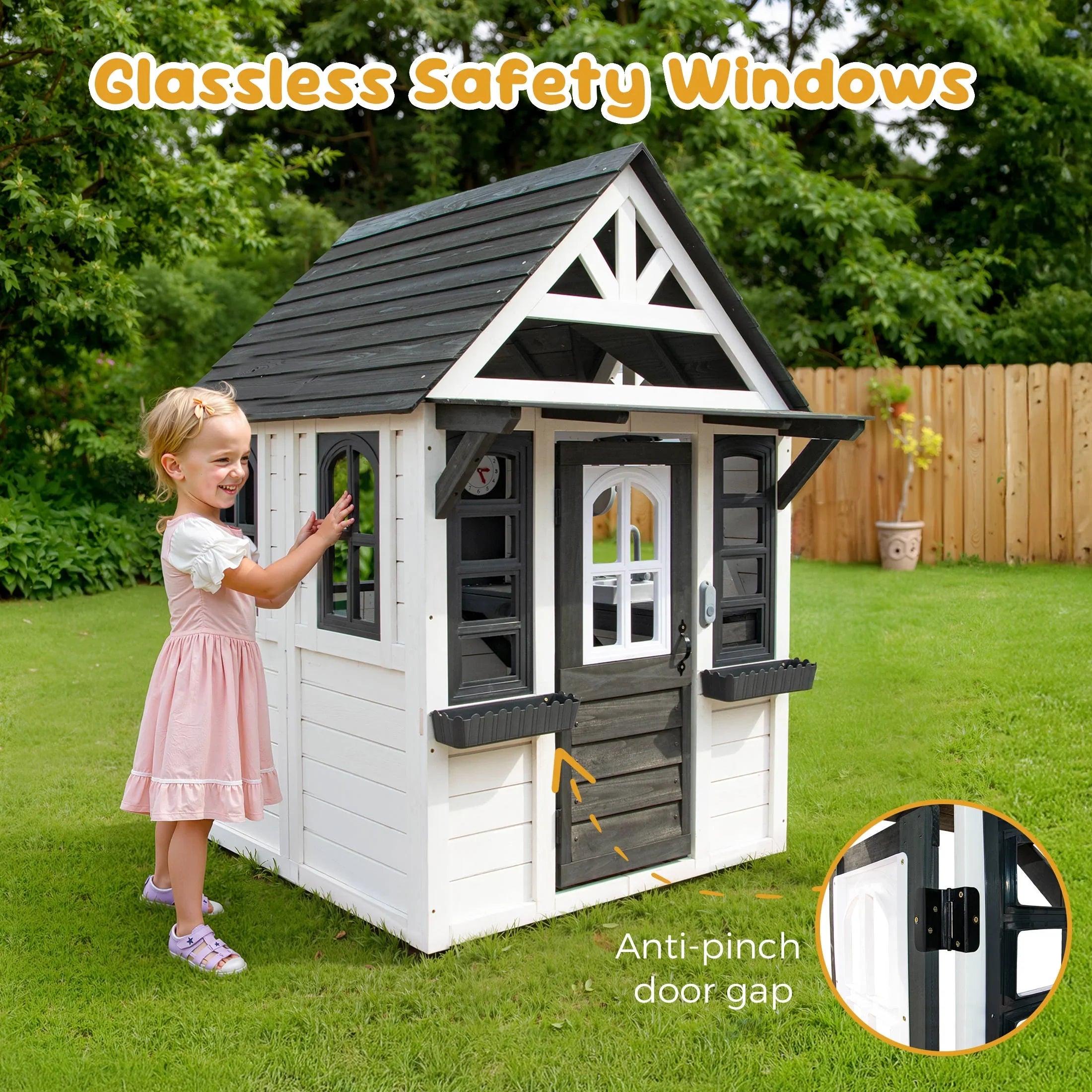2026 New COCLUB Outdoor Playhouse for Kids Ages 4-8, Wooden Play House with Doorbell, Phone, Kitchen Toys, Outdoor Kids Play Equipment, Casa Para Niñas (45”L x 65”H), White & Black - Image 7
