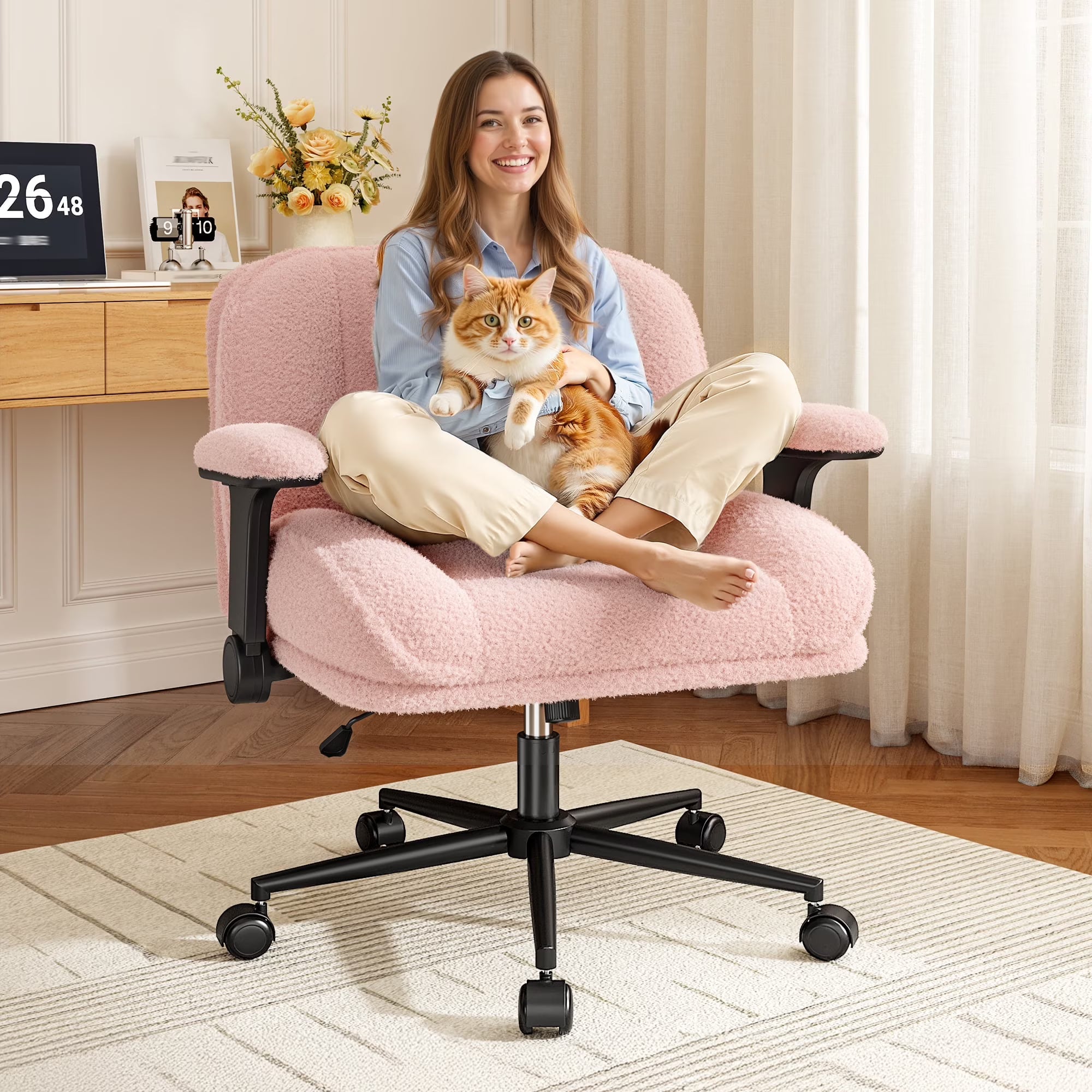 2026 New Romorgniz Criss Cross Chair with Adjustable Arms & Lumbar Support Office Chair with Reclining Back, Thick Cushion & Wheels for Office, Gaming, Reading, Vanity, Off-White - Image 4