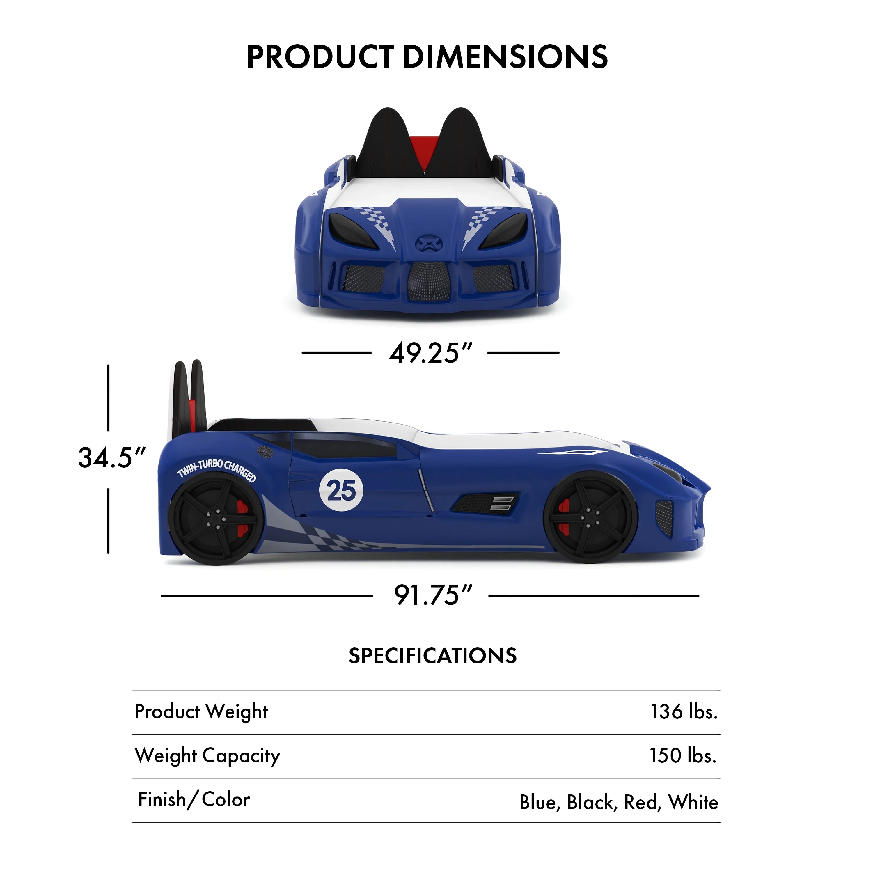 2026 New Furniture of America Dash Kids Plastic Twin Race Car Bed with LED and Sound, White - Image 12
