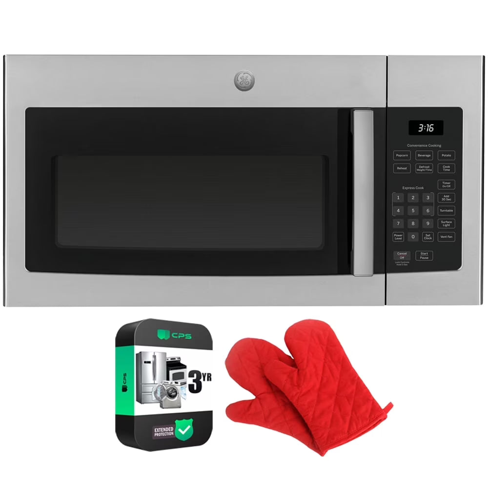 2026 New GE JVM3160RFSS 1.6 Cu. Ft. Over-the-Range Microwave Oven Stainless Steel Bundle with Deco Chef Pair of Red Heat Resistant Oven Mitt and 3 YR CPS Enhanced Protection Pack