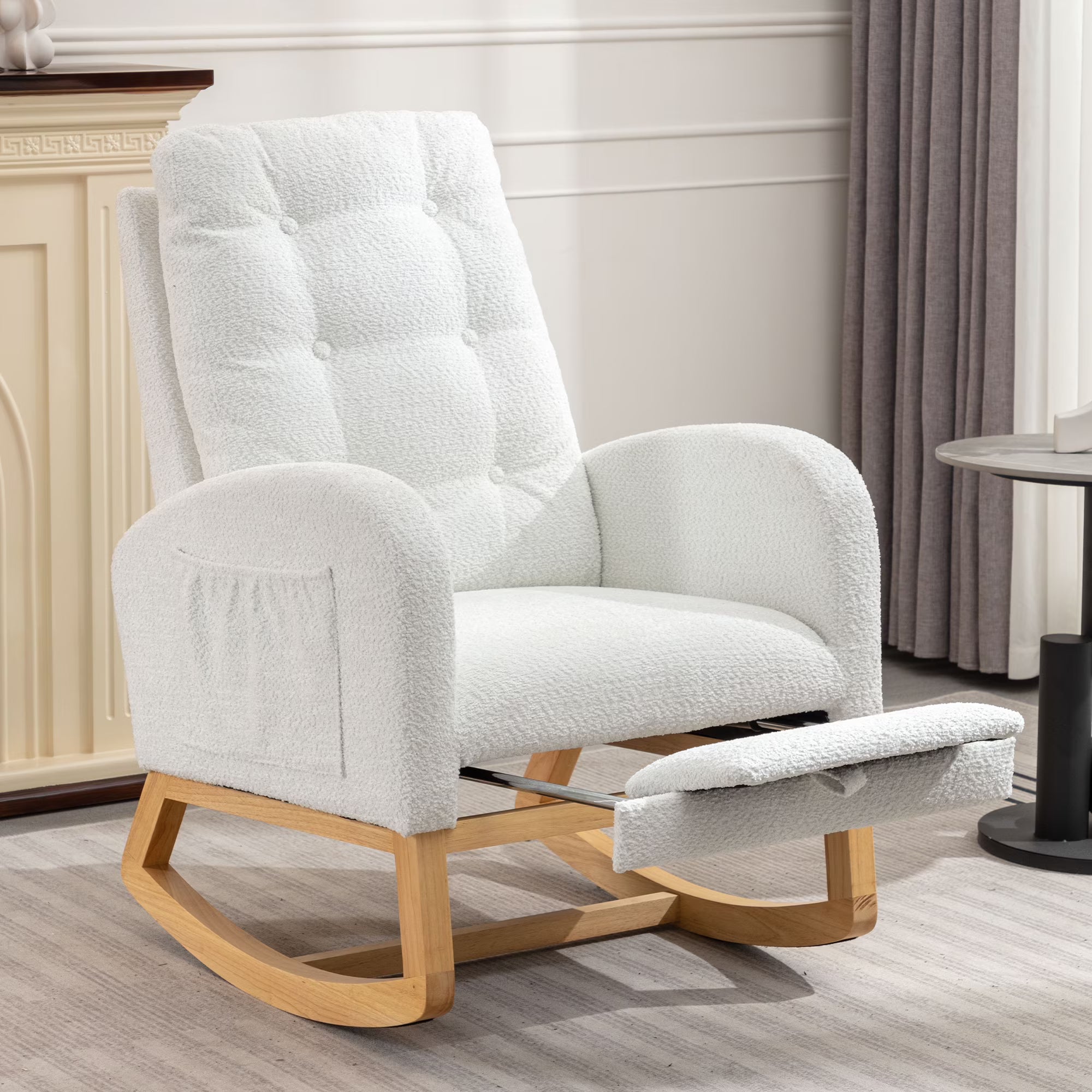 2026 New Modern Accent Rocking Chair with Pull-out Footrest,Nursery Glider Chair with Solid Wood Legs & Side Pocket,Upholstered Lounge Chair with High Backrest,White