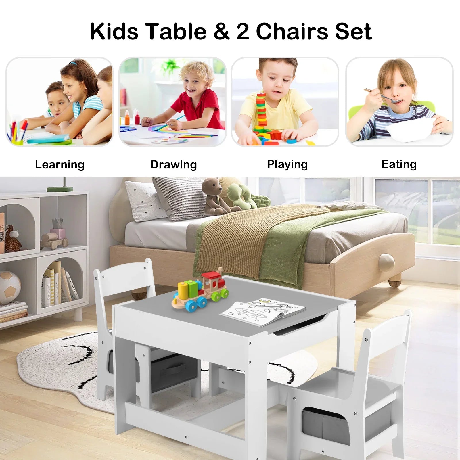 2026 New LINLUX Kids Table and 2 Chairs Set, Children Activity Table Chairs with Chalkboard/Whiteboard, Grey - Image 6