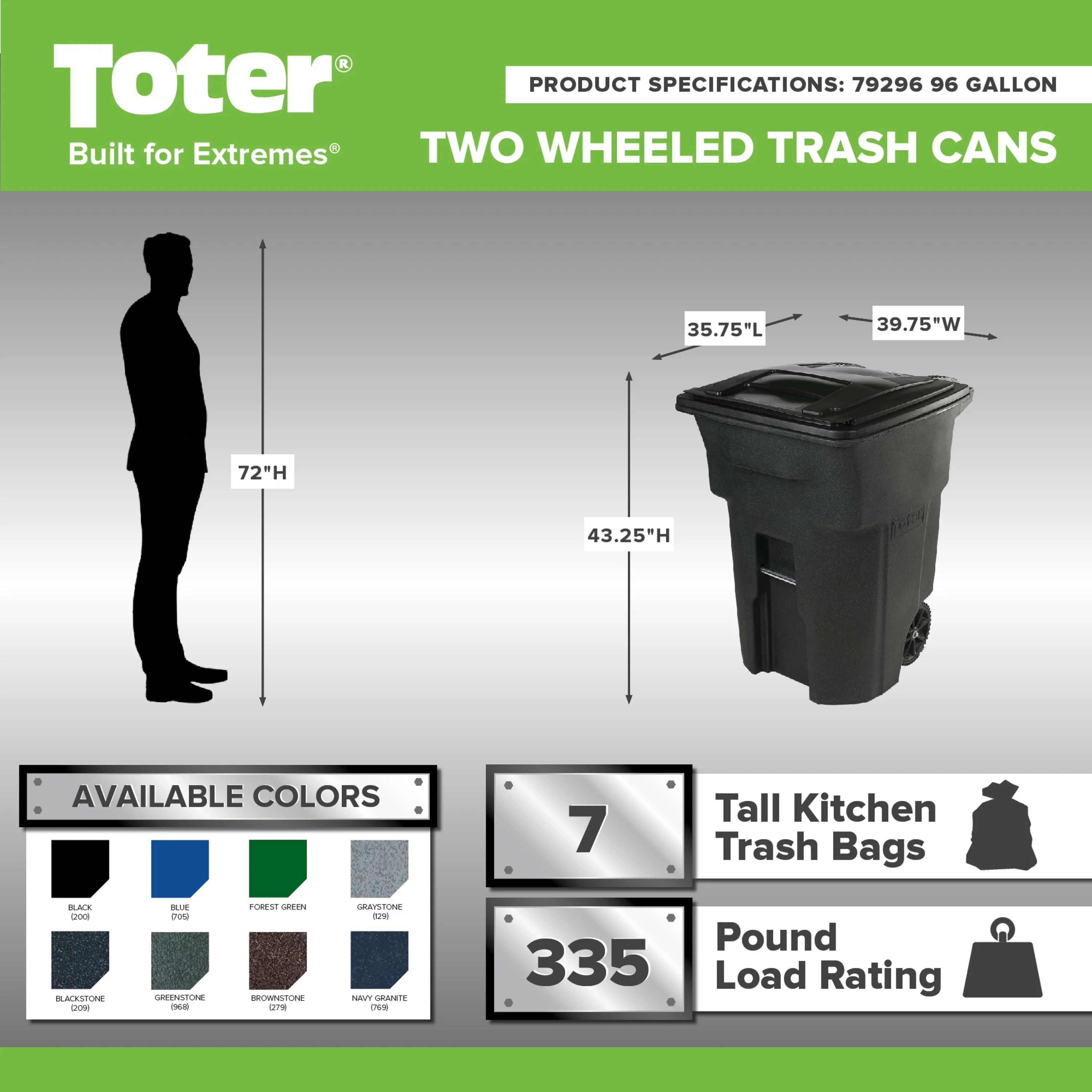 2026 New Toter Trash Can Greenstone With Wheels And Lid, 96 Gallon - Image 4