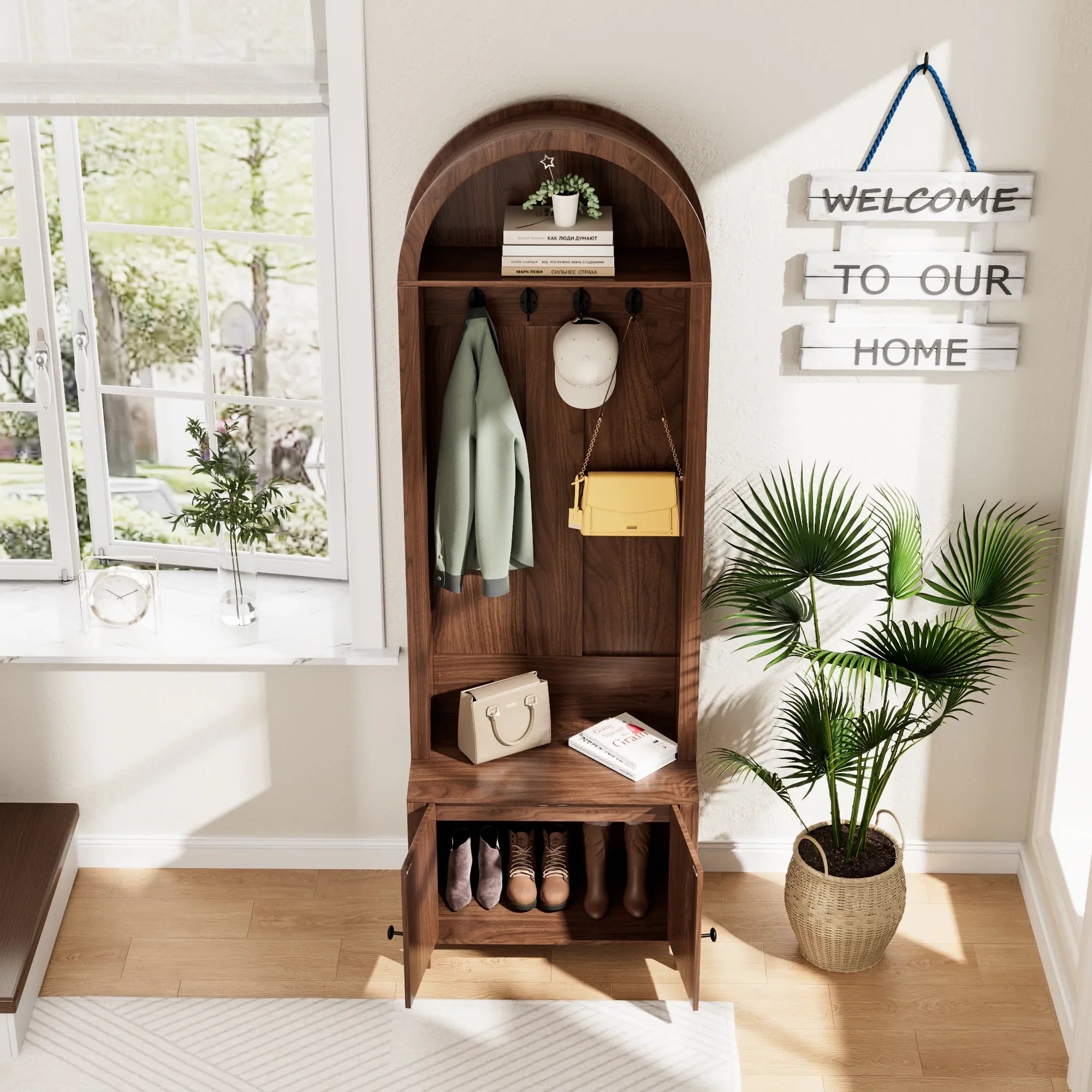 2026 New LUCKYELF Hall Tree with Shoe Storage, Entryway Bench with 4 Hooks and 2 Doors, Arch Coat Rack Cabinet for Hallway - Image 8