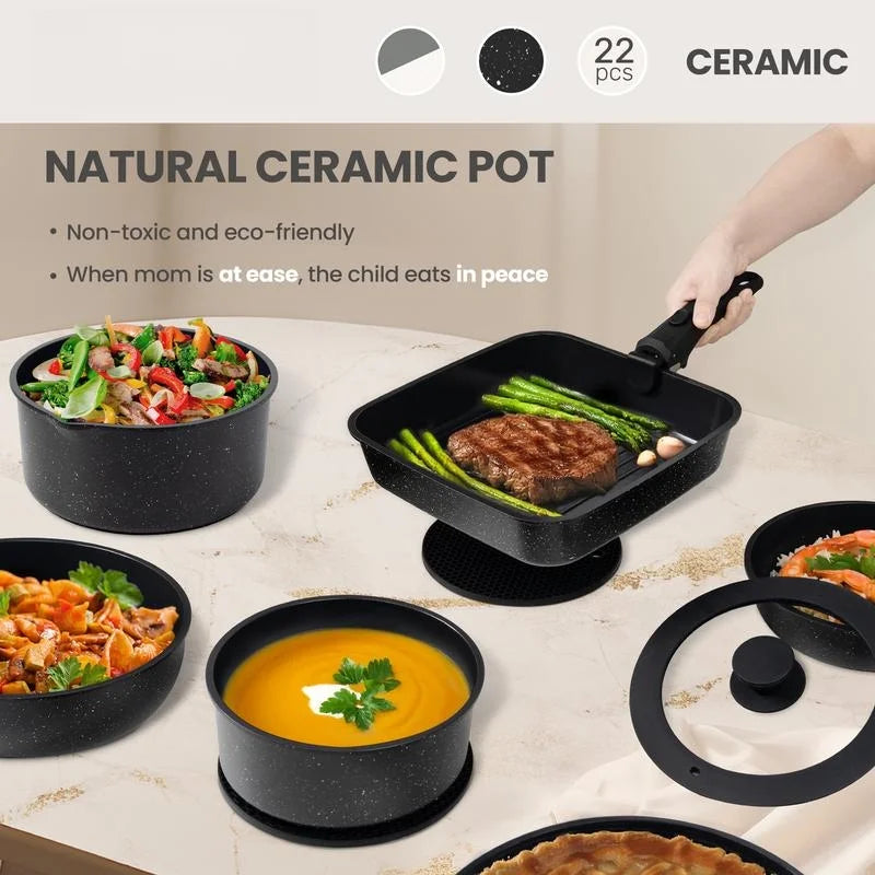2026 New Non-Toxic Nonstick Ceramic 22 pcs pots and pans set complete Cookware Set with Lids,Detachable Handle,PFAS-Free,Dishwasher Oven Safe,Kitchen Outdoorfun Induction Compatible - Image 7