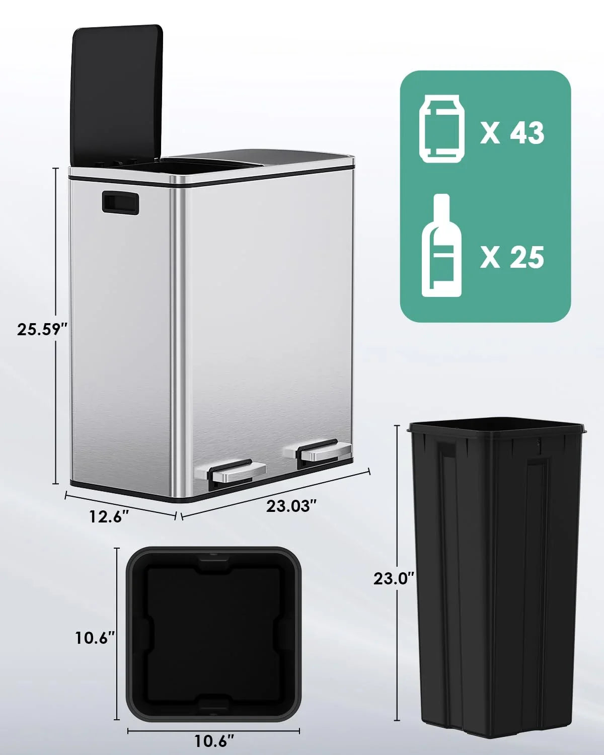 2026 New LAZY BUDDY Dual Garbage Can, Stainless Steel 16 Gallon Step Kitchen Trash Can with Soft-Close Lid, Double Compartment Garbage Recycling Bin - Image 22