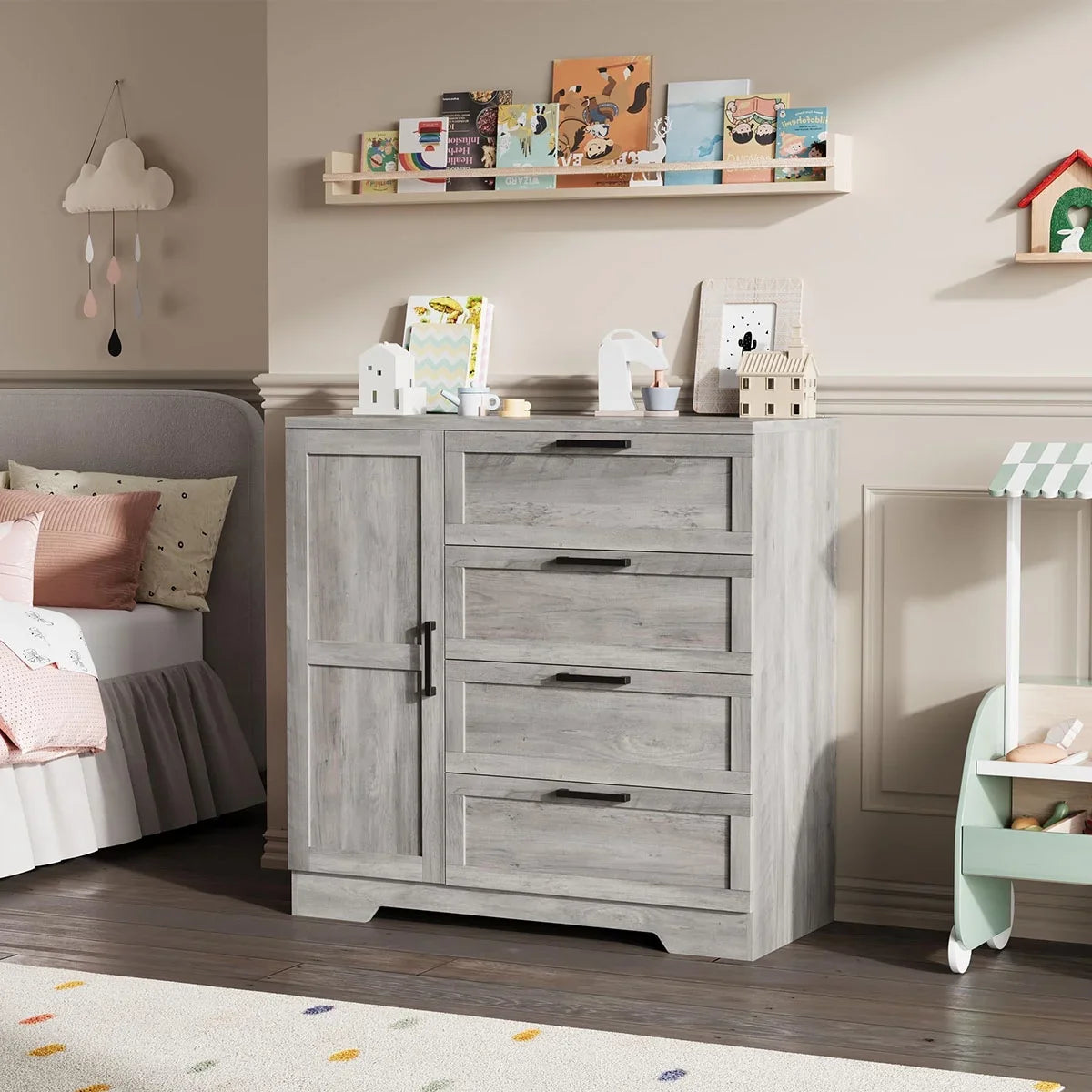 2026 New Ataucjin Wood Armoire Wardrobe Closet with 4 Drawers and Door, 43.3" H Bedroom Wardrobe Cabinet with Hanging Rod, Clothing Storage Cabinets, 4 Drawers Dresser with Storage Closet - Image 12