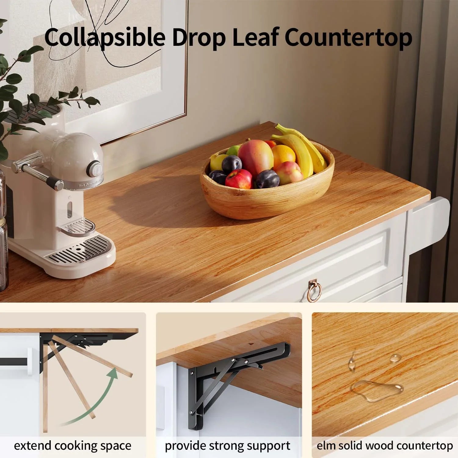 2026 New Lofka 52-Inch Kitchen Island with Storage on Wheels with Wood Drop Leaf, Ideal for Small Kitchens - Image 7