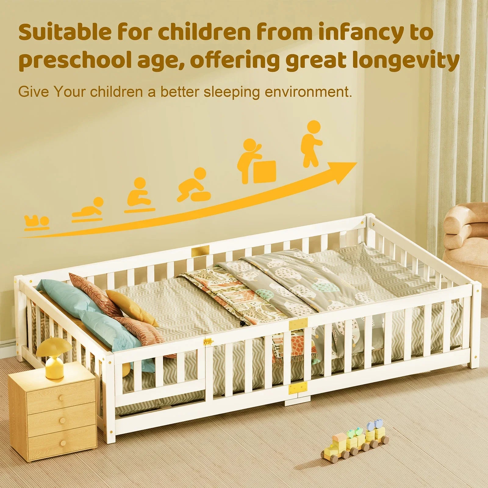 2026 New Slsy Twin Size Toddler Floor Bed, Solid Wood Montessori Bed Frame with Fence & Door Montessori Floor Bed Crib with Safety Guardrails for Girls and Boys - Image 4