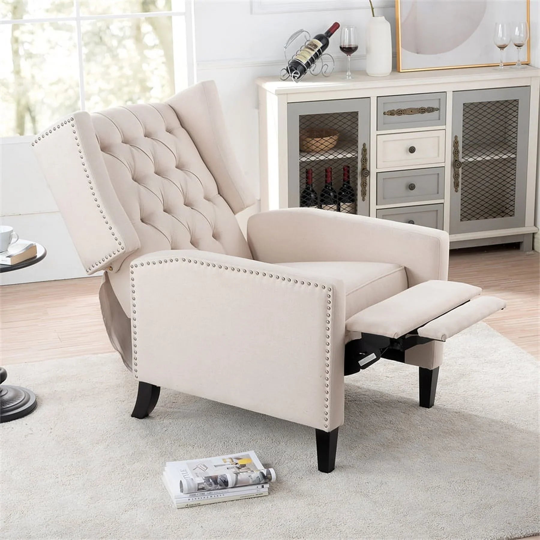 2026 New Triple Tree Modern Fabric Foam Wood Solid Print Nailhead Trim Accent Chair, Beige - Image 5