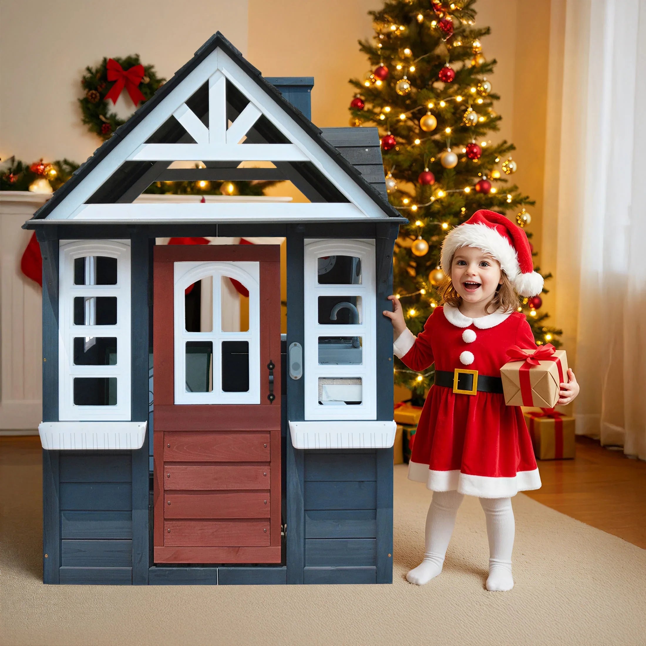 2026 New COCLUB Outdoor Playhouse for Kids Ages 4-8, Wooden Play House with Doorbell, Phone, Kitchen Toys, Outdoor Kids Play Equipment, Casa Para Niñas (45”L x 65”H), White & Black - Image 19