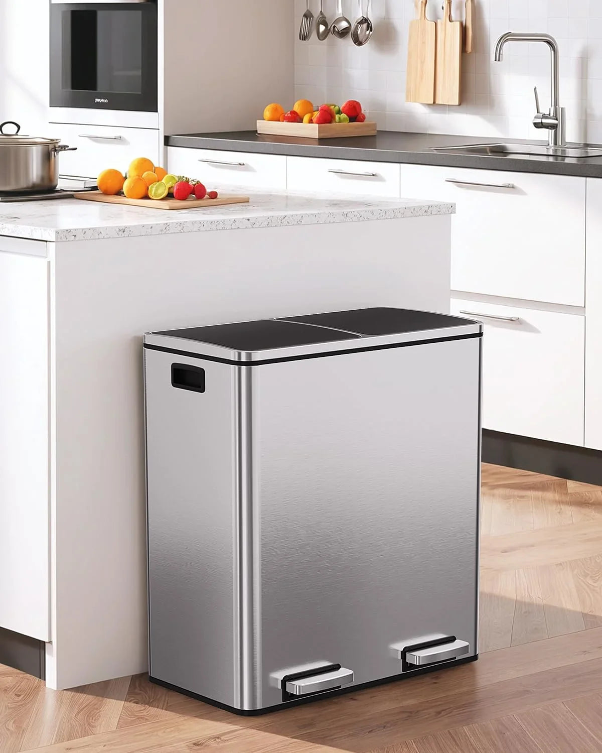 2026 New LAZY BUDDY Dual Garbage Can, Stainless Steel 16 Gallon Step Kitchen Trash Can with Soft-Close Lid, Double Compartment Garbage Recycling Bin - Image 23