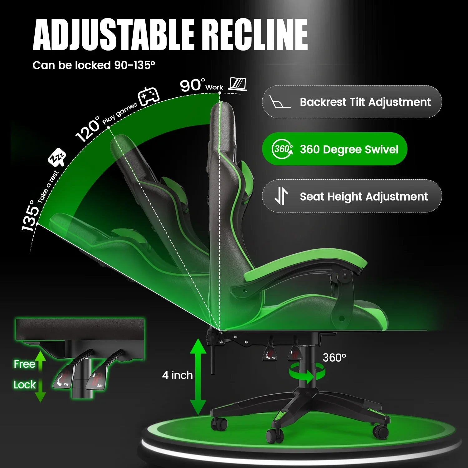 2026 New Bigzzia Gaming Chair Office Chair, Ergonomic Game Chair with Height Adjustable Headrest and Lumbar Support for Adults Teens, Black & White - Image 82