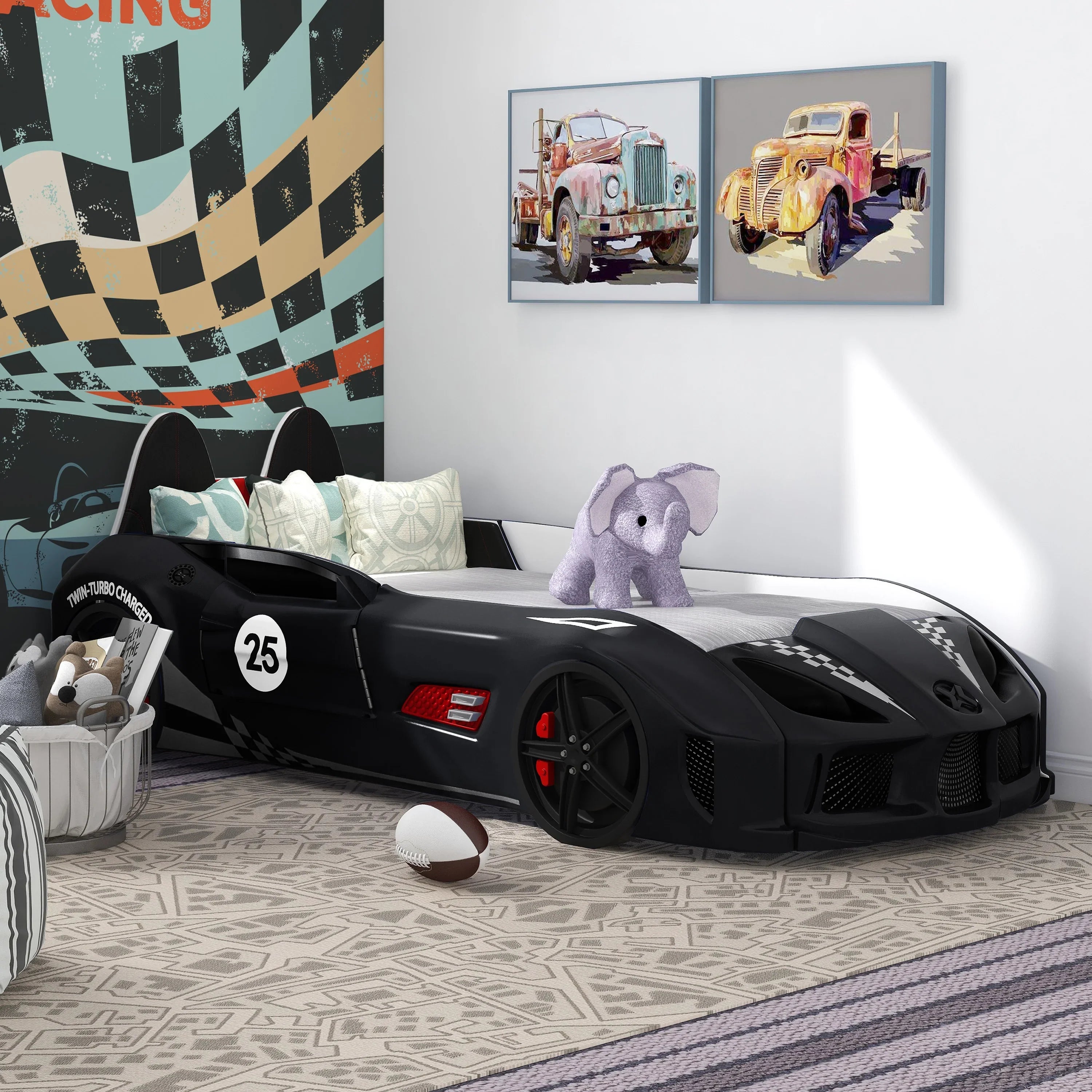 2026 New Furniture of America Dash Kids Plastic Twin Race Car Bed with LED and Sound, White - Image 26