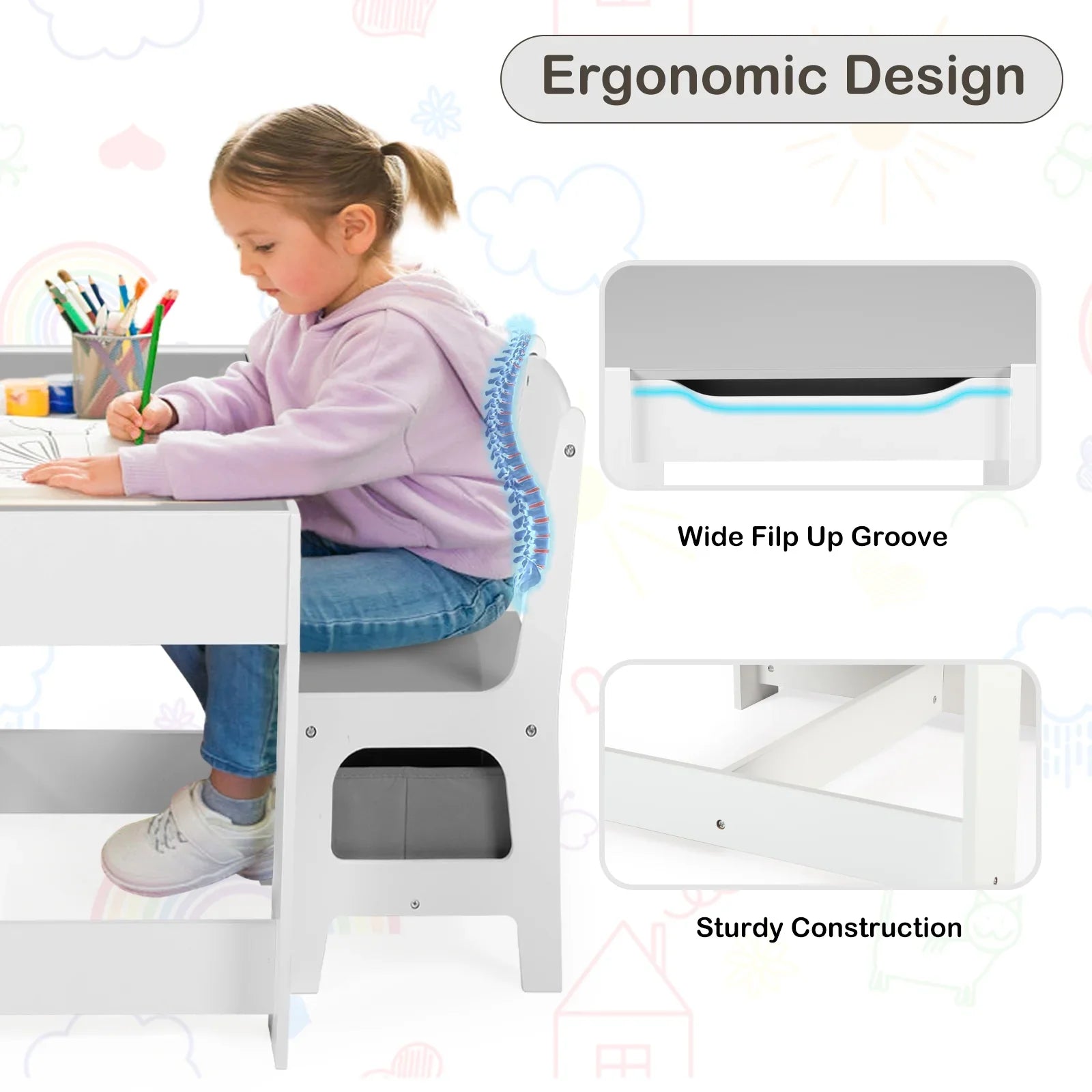 2026 New LINLUX Kids Table and 2 Chairs Set, Children Activity Table Chairs with Chalkboard/Whiteboard, Grey - Image 7