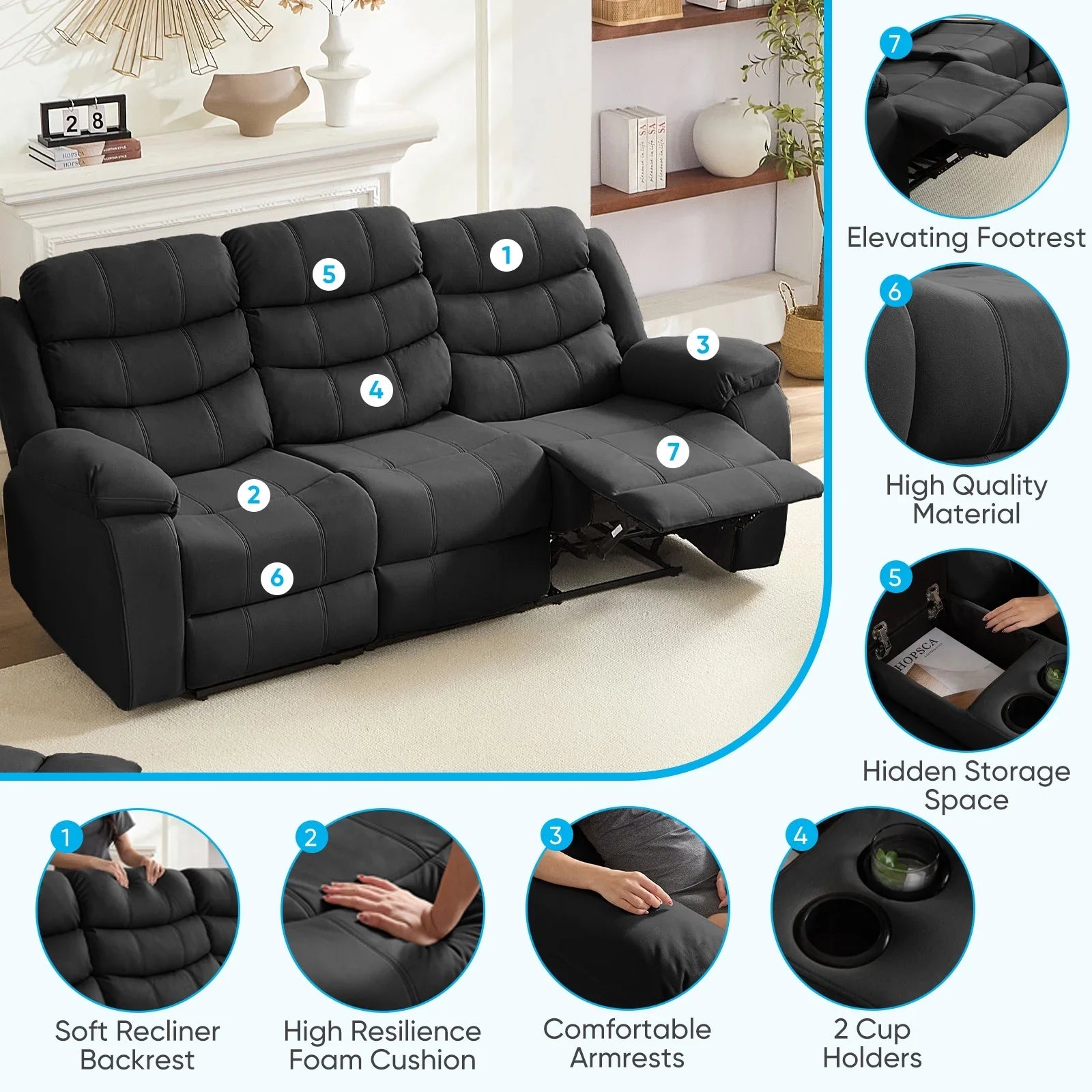 2026 New MUZZ Modern Reclining Sofa,3-Seater Recliner Sofa with Cup Holders, Flip-Up Storage, Reversible Backrest and Footrest, Gray - Image 8