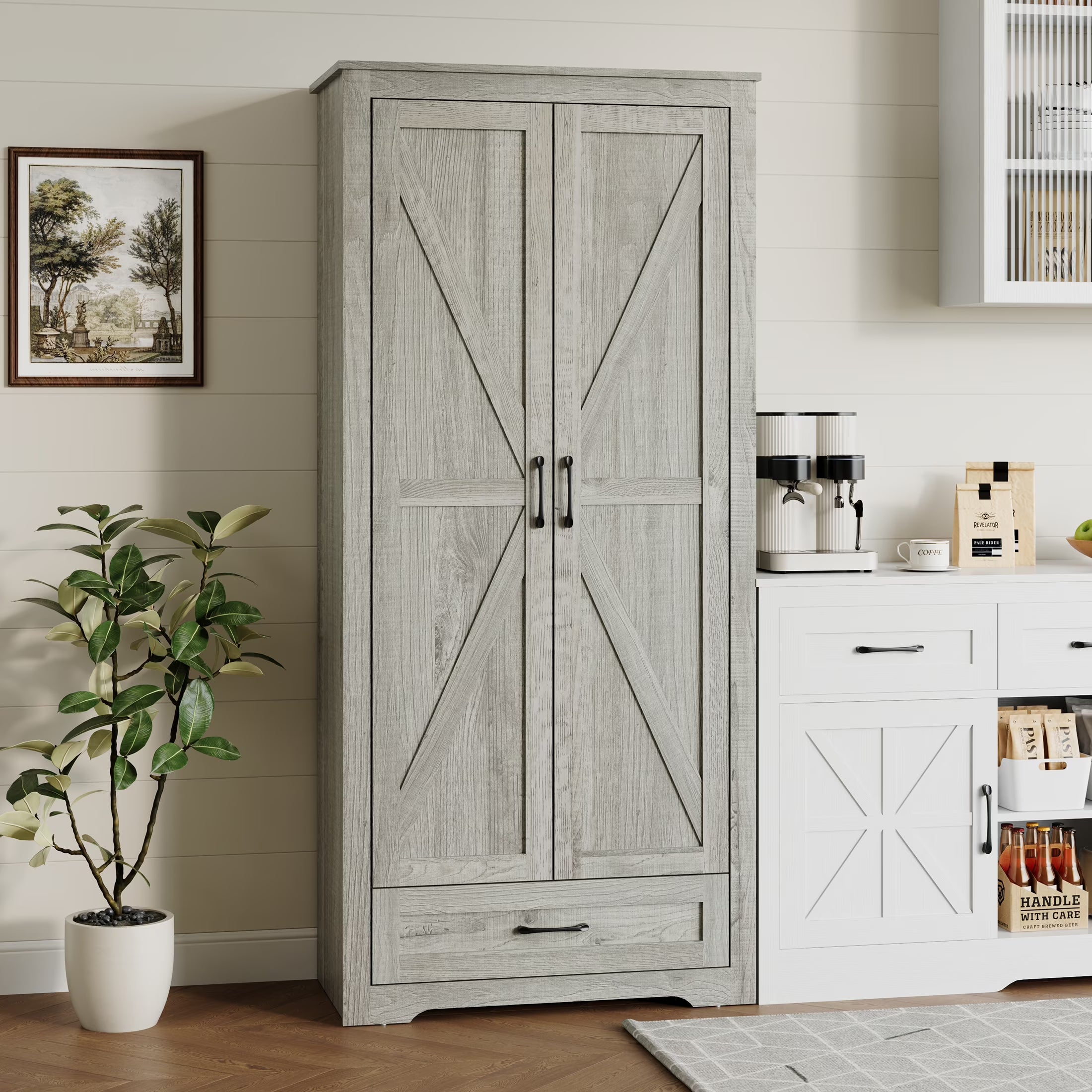 2026 New YouTrend 69" Tall Kitchen Pantry,Farmhouse Storage Cabinet with 2 Barn Doors 4 Adjustable Shelves and Large Drawer for Dining Room,Living Room,Bathroom,White - Image 3